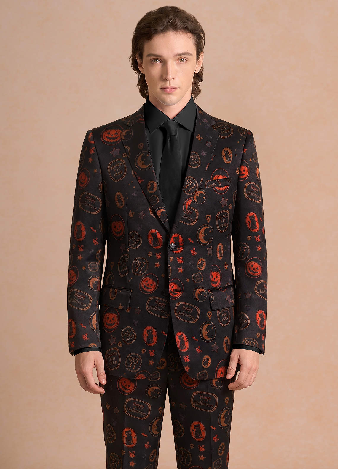 front Caleb Black Vintage Halloween Print Suit Jacket