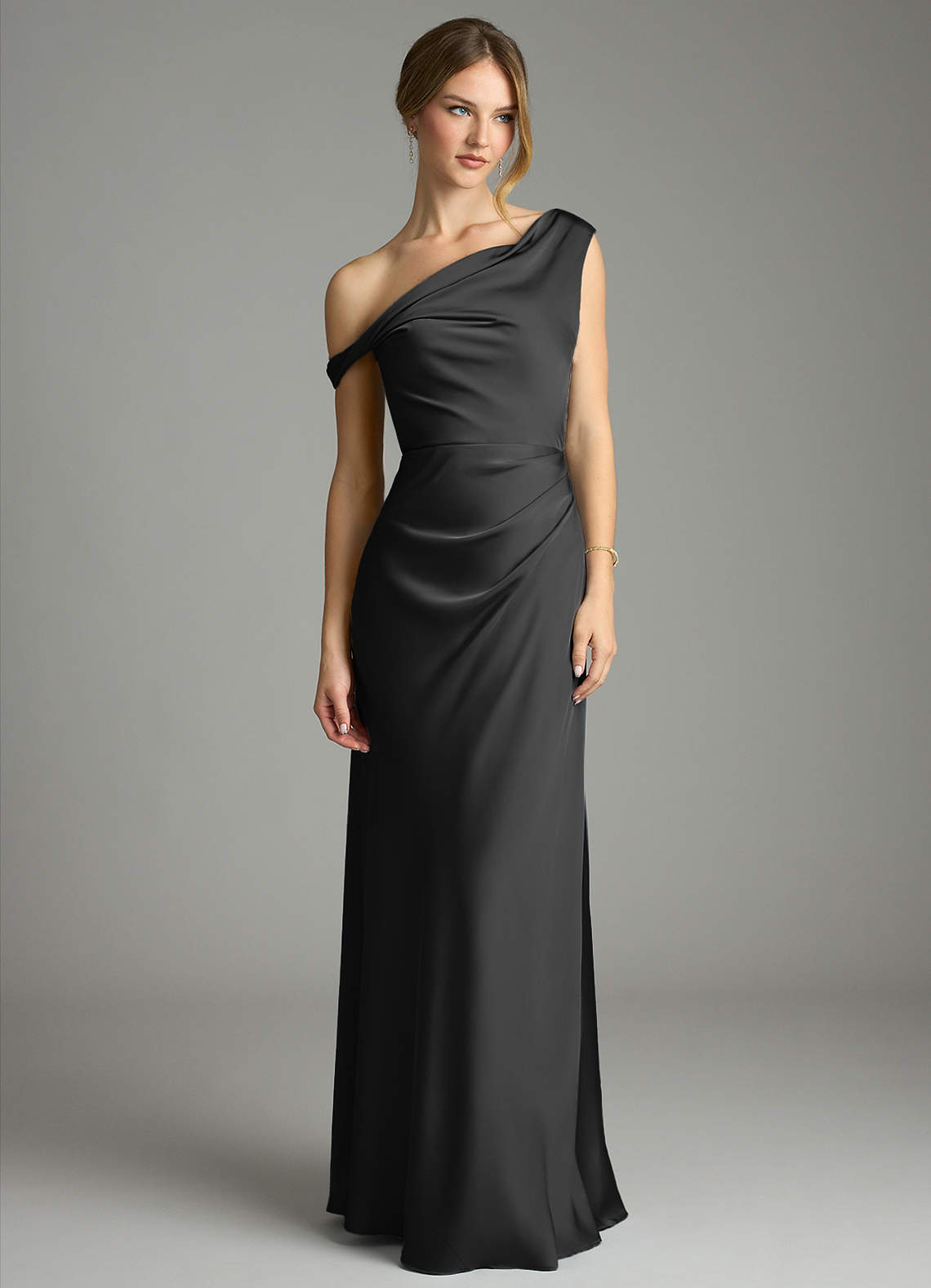 Azazie Emerson Bridesmaid Dresses Black Mermaid Off the Shoulder Stretch Satin Dress image3