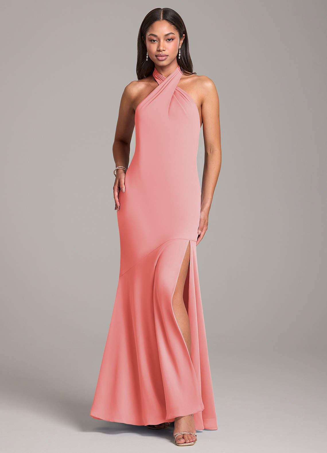 Azazie Lorena Bridesmaid Dresses Coral Mermaid Pleated Chiffon Dress image1