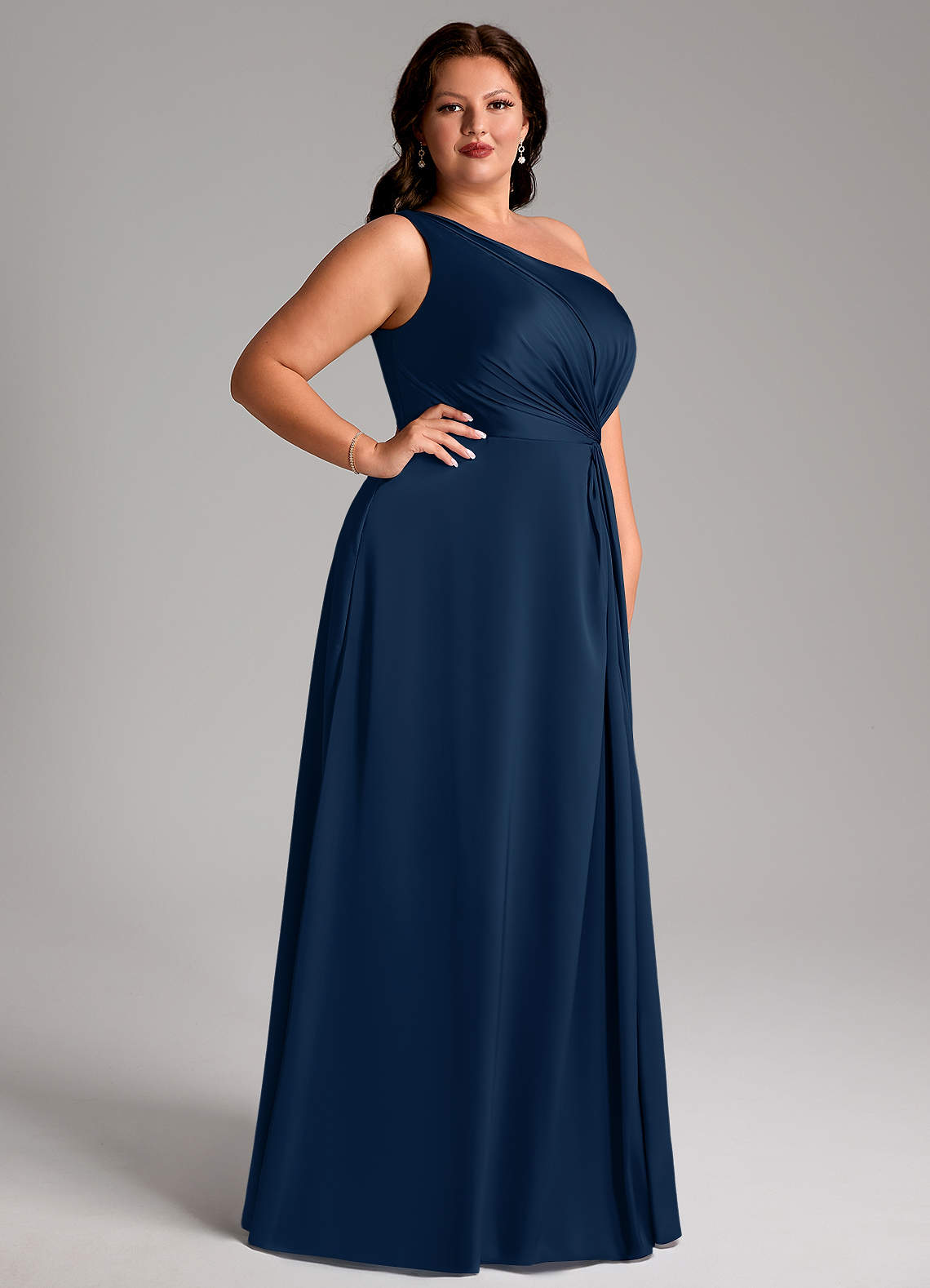 Azazie Brooke Vestidos de madrinha de casamento Vestido Azul Marinho de Cetim elástico de Linha A com Um ombro image9