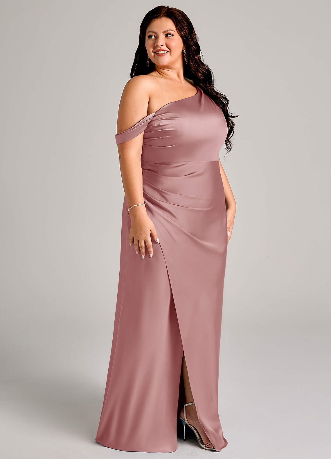 Azazie Madelyn Bridesmaid Dresses Dusty Rose Mermaid One Shoulder Stretch Satin Convertible Dress image11