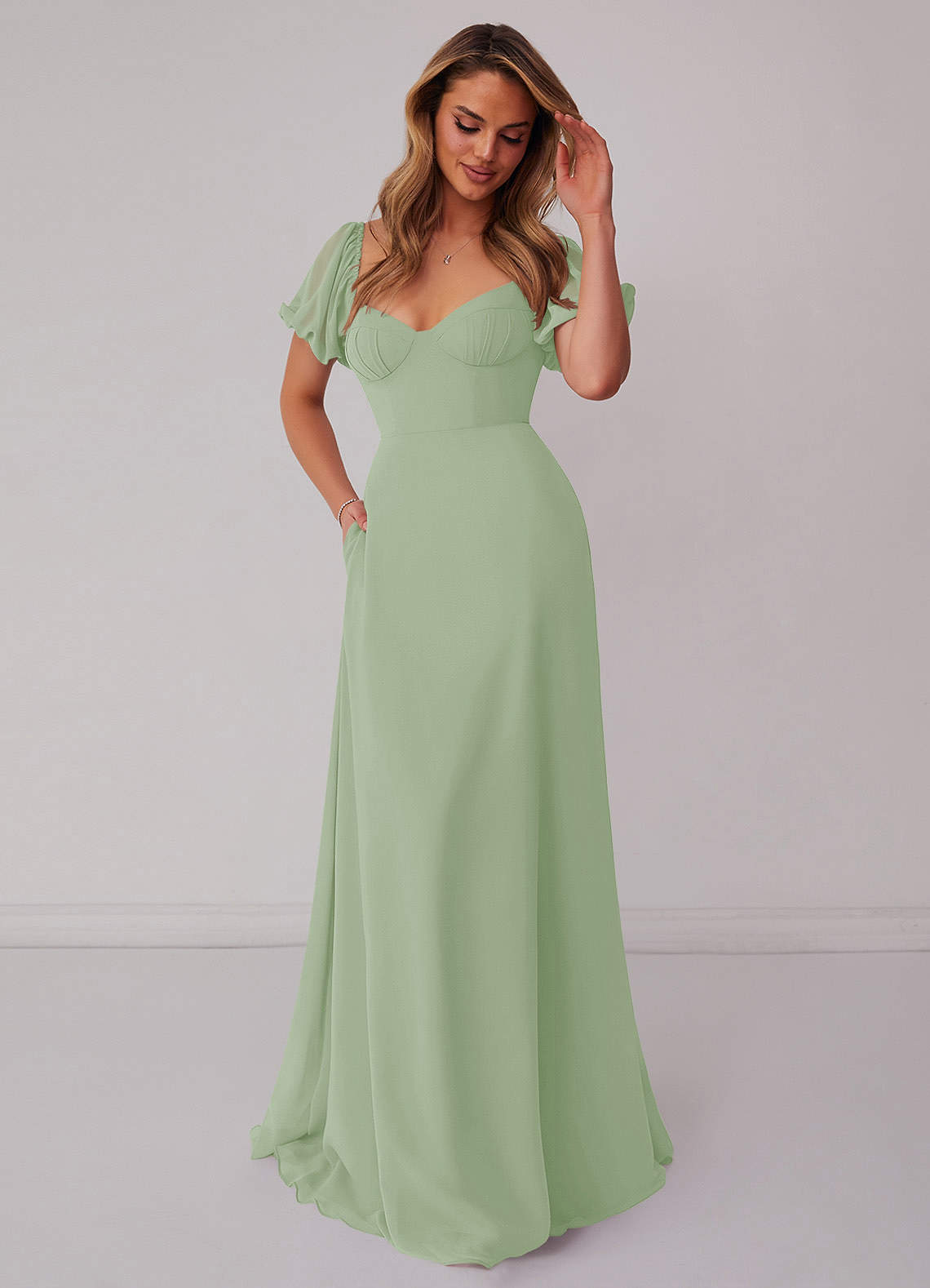Barbie ♥ Azazie Bridesmaid Dresses Chiffon A-line Dress with Puff Sleeves image4