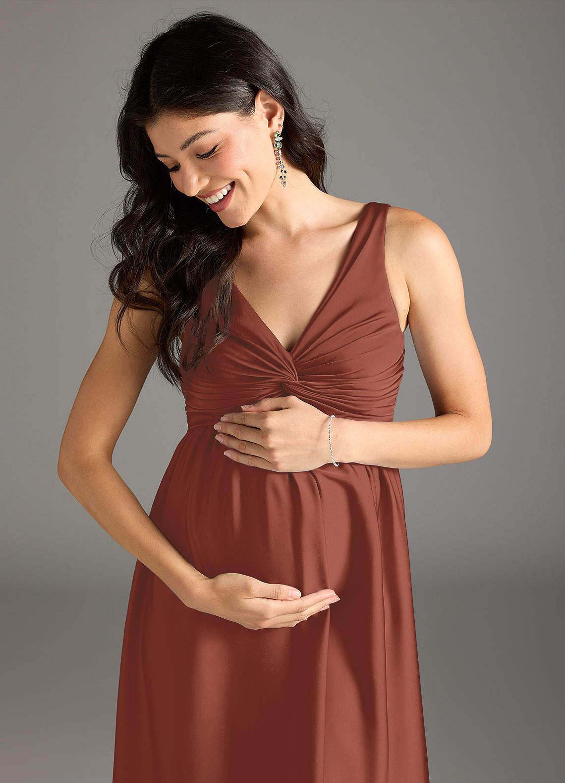 Azazie Yetta Maternity Bridesmaid Dresses A-Line Pleated Stretch Satin Floor-Length Dress image1