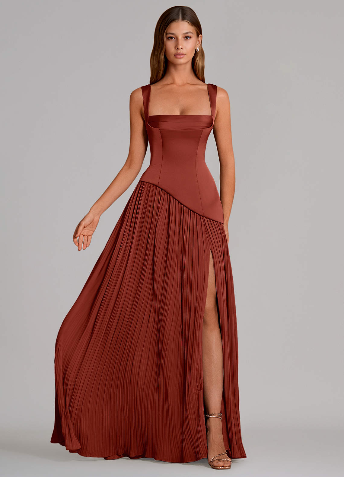 Azazie Stephanie Vestidos de madrinha de casamento Vestido Terracota de Cetim elástico de Linha A com Plissado image3