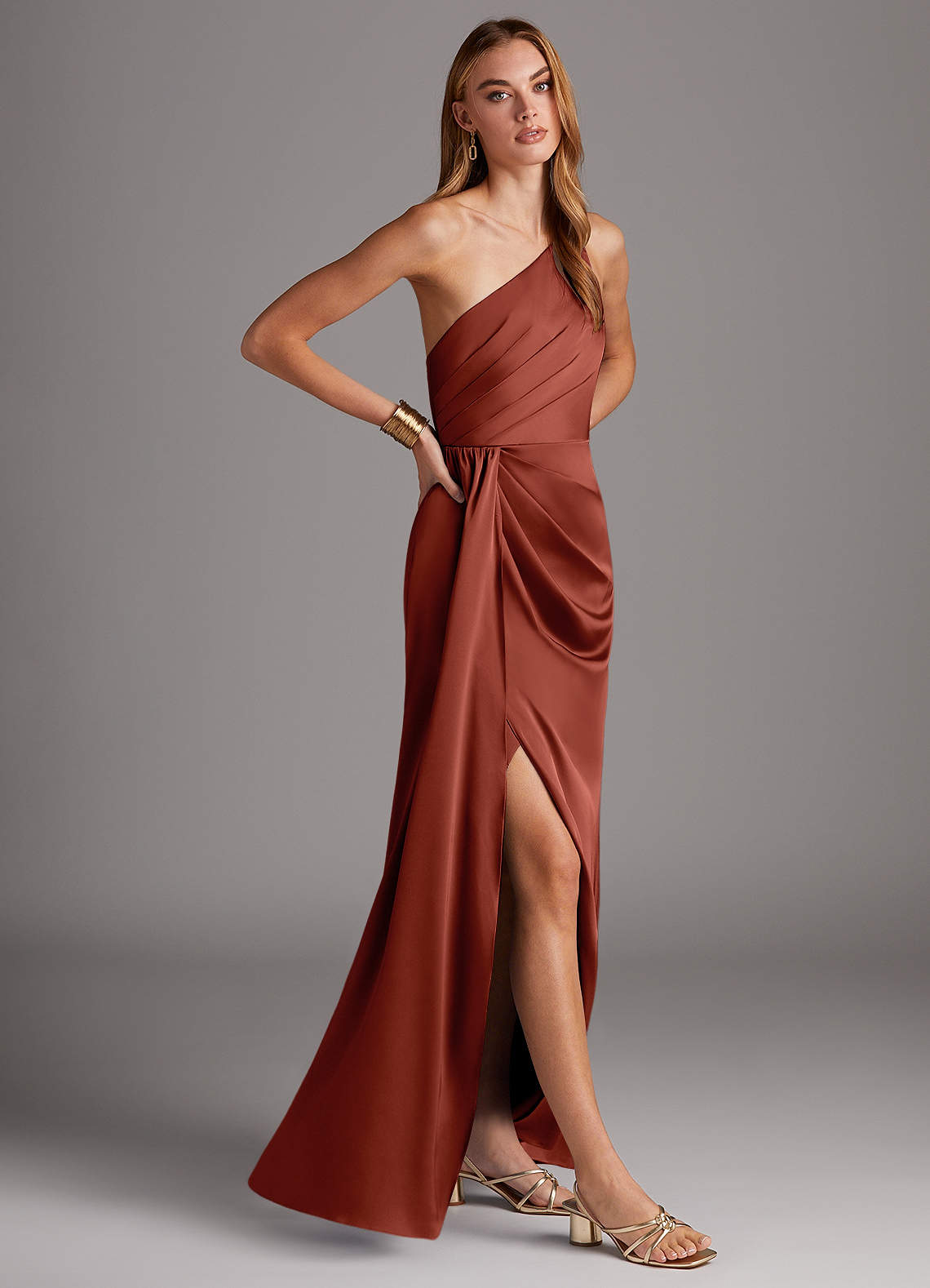 Azazie Mika Ready to Ship Terracotta Stretch Satin Bridesmaid Dresses |  Azazie