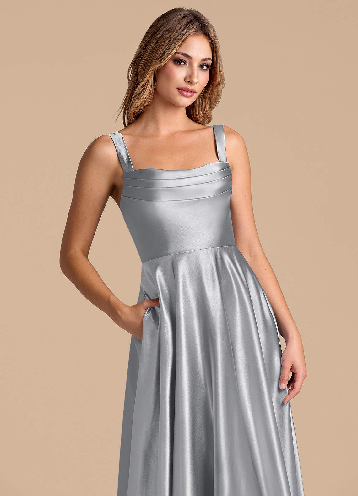 Azazie Shaude Bridesmaid Dresses Silver A-Line Pleated Metallic Satin Dress image1