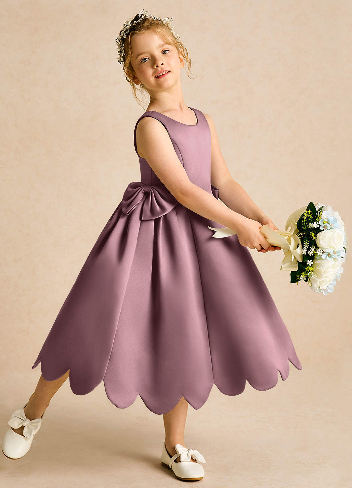 Azazie Macaroon vestidos de niña de las flores Vestido de Malva Vintage de Satin Mate de Princesa con Lazo image1