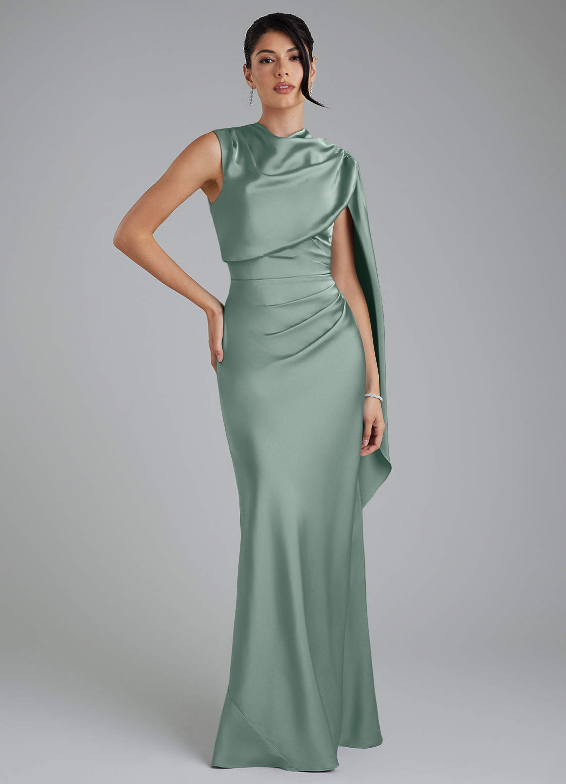 Azazie Taj Ready to Ship Silver Sage Stretch Satin Bridesmaid Dresses
