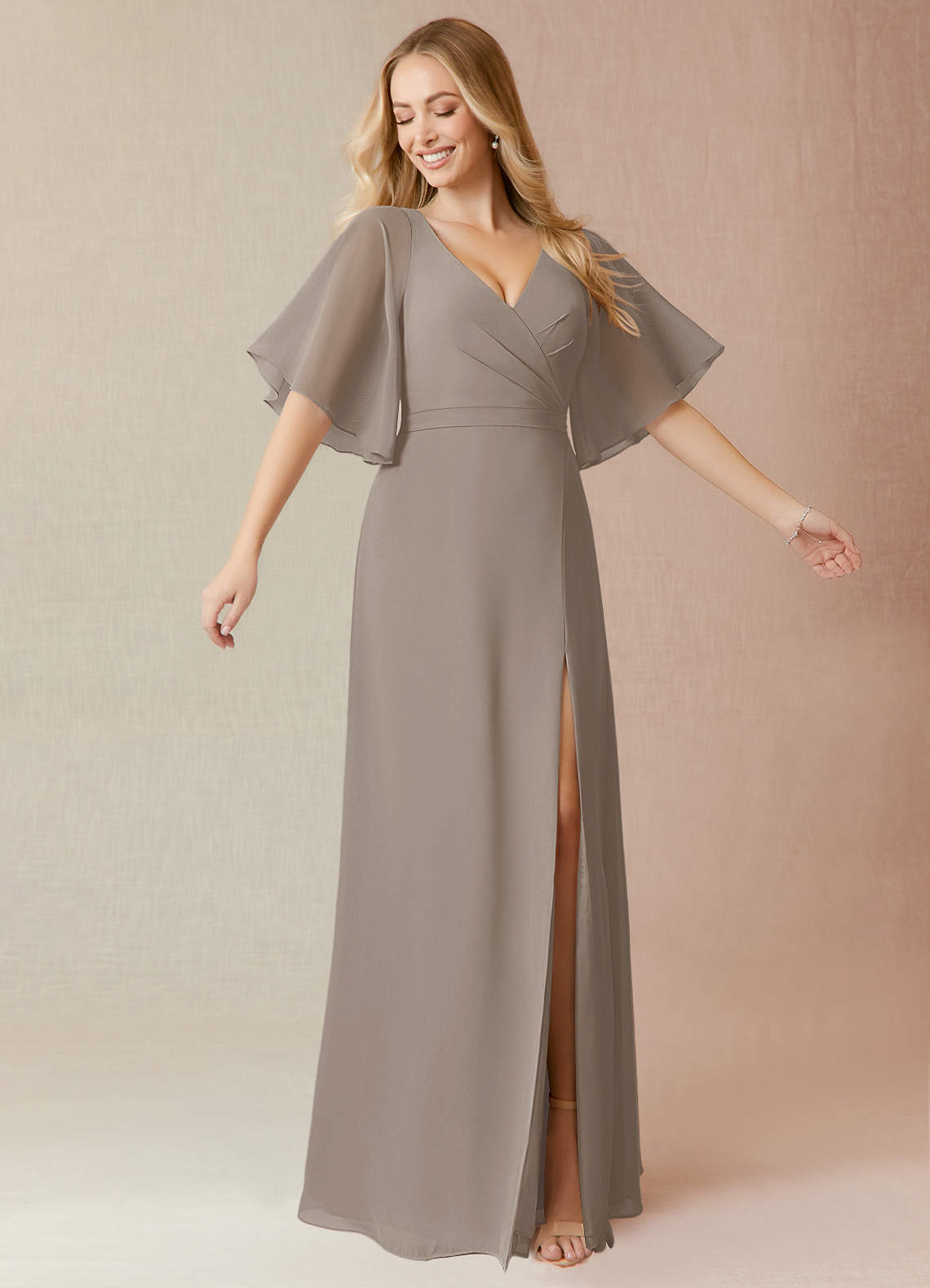 Azazie Cierra Bridesmaid Dresses Taupe A-Line V-Neck Chiffon Dress image1
