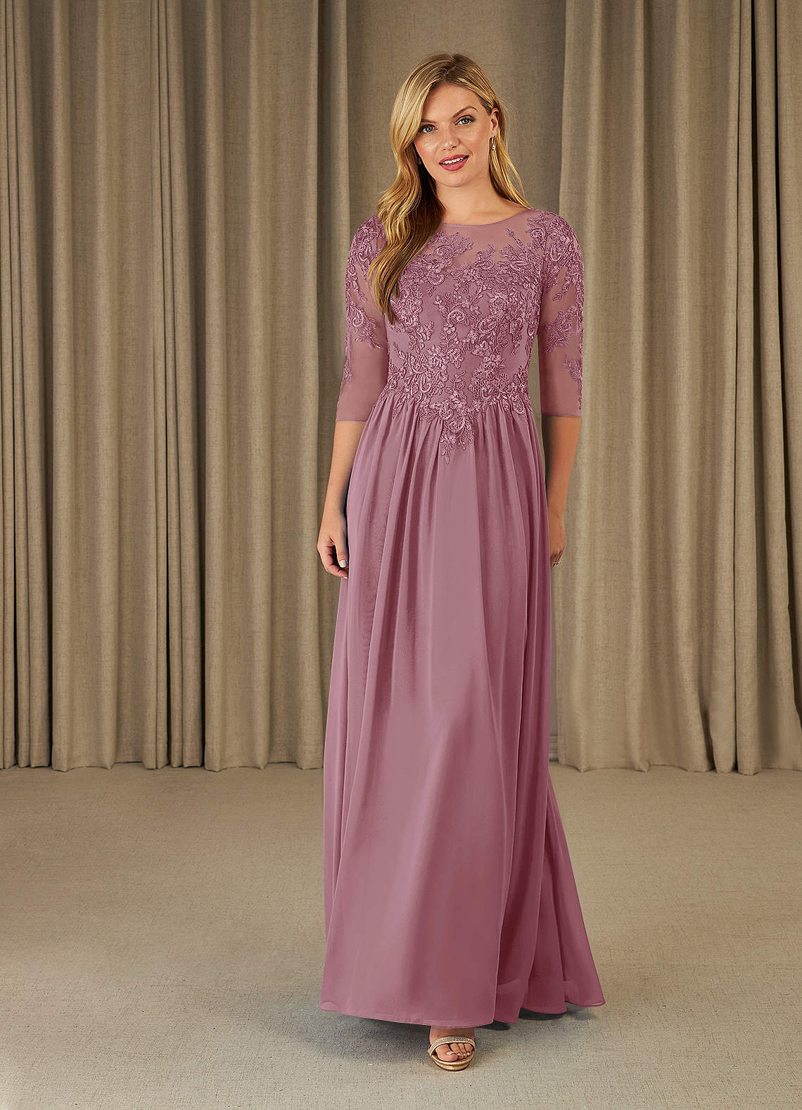 Azazie Mirielle Vintage Mauve A-Line Scoop Lace Chiffon Dress | Azazie