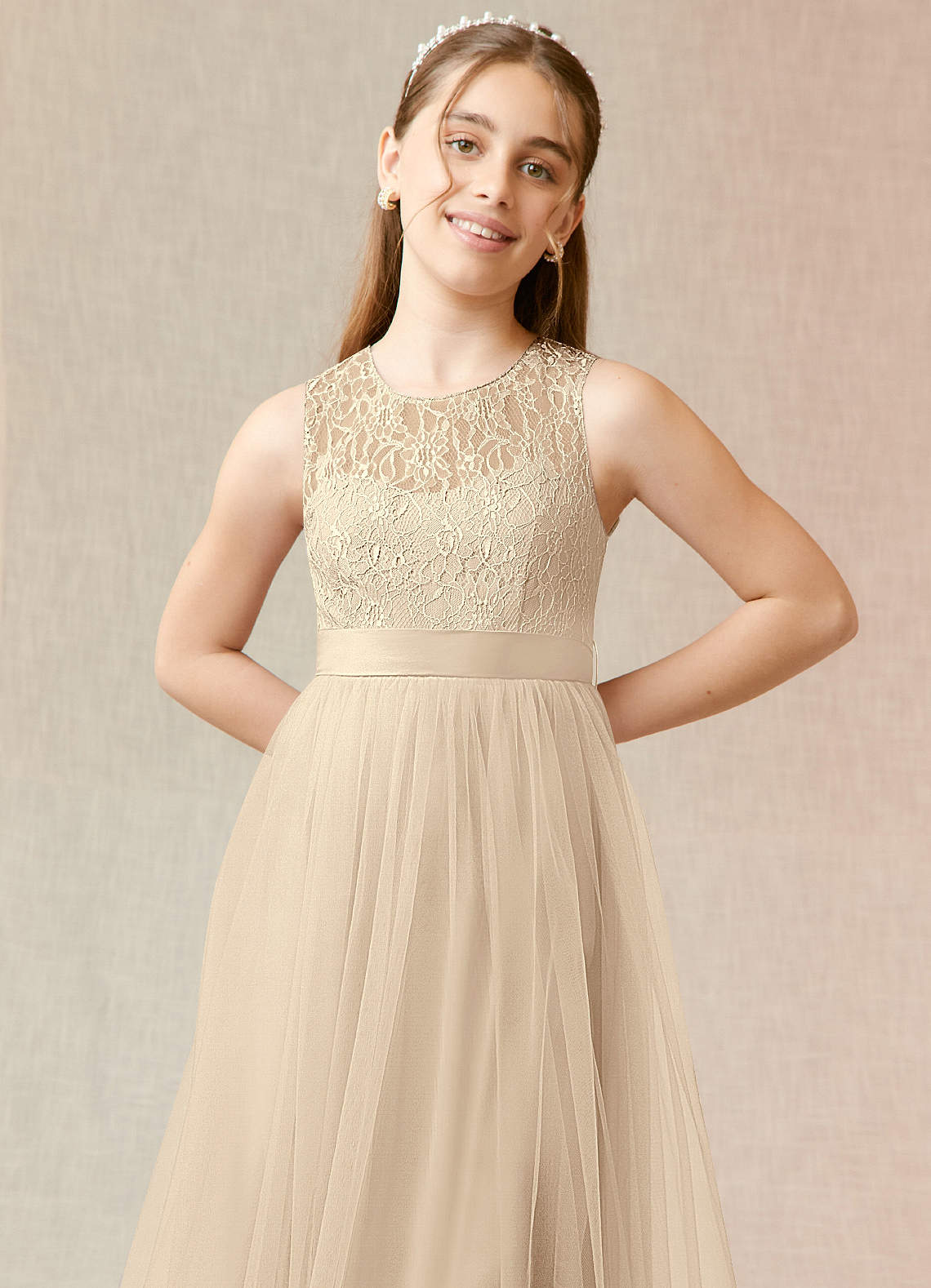 Azazie Georgette Junior Champagne A-Line Lace Tulle Dress image4