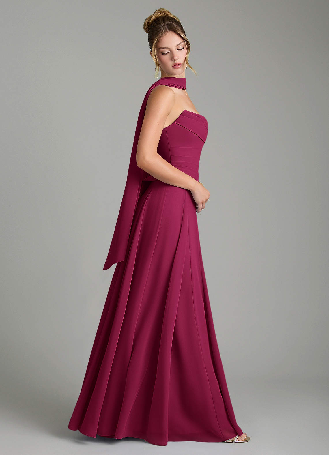 Azazie Gabriela At-home Try On Dresses Burgundy A-Line Corset Chiffon Dress image2