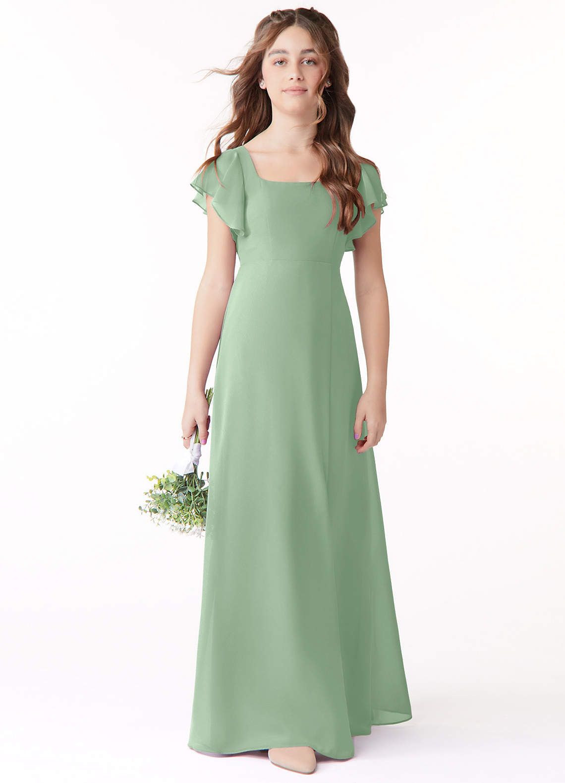 Azazie Bondi Junior Matcha A-Line Bow Chiffon Dress image1