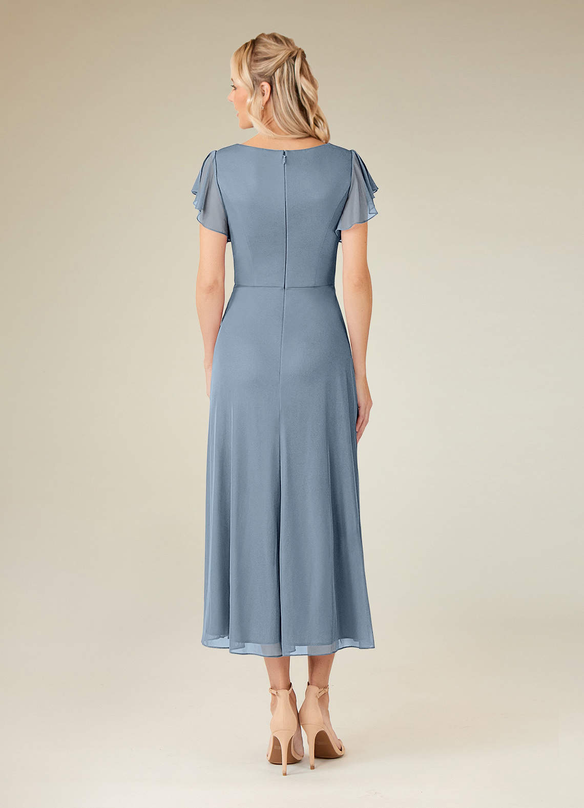 Azazie Vera Mother of the Bride Dresses Dusty Blue A-Line V-Neck Pleated Mesh Dress image3
