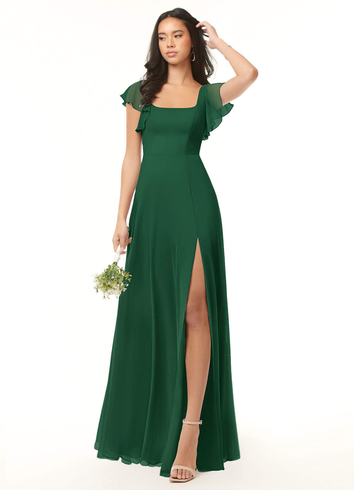 Azazie Bondi Bridesmaid Dresses Dark Green A-Line Ruffled Chiffon Dress image1