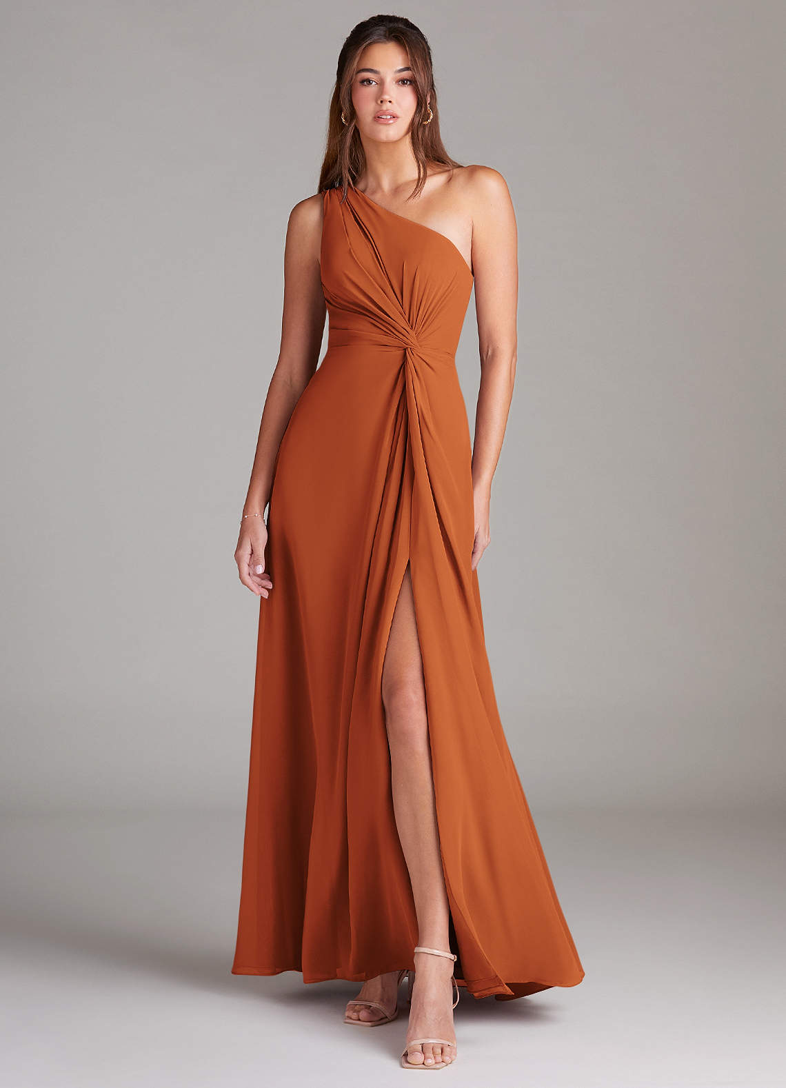 Azazie Brooke Bridesmaid Dresses Cinnamon A-Line One Shoulder Chiffon Dress image1
