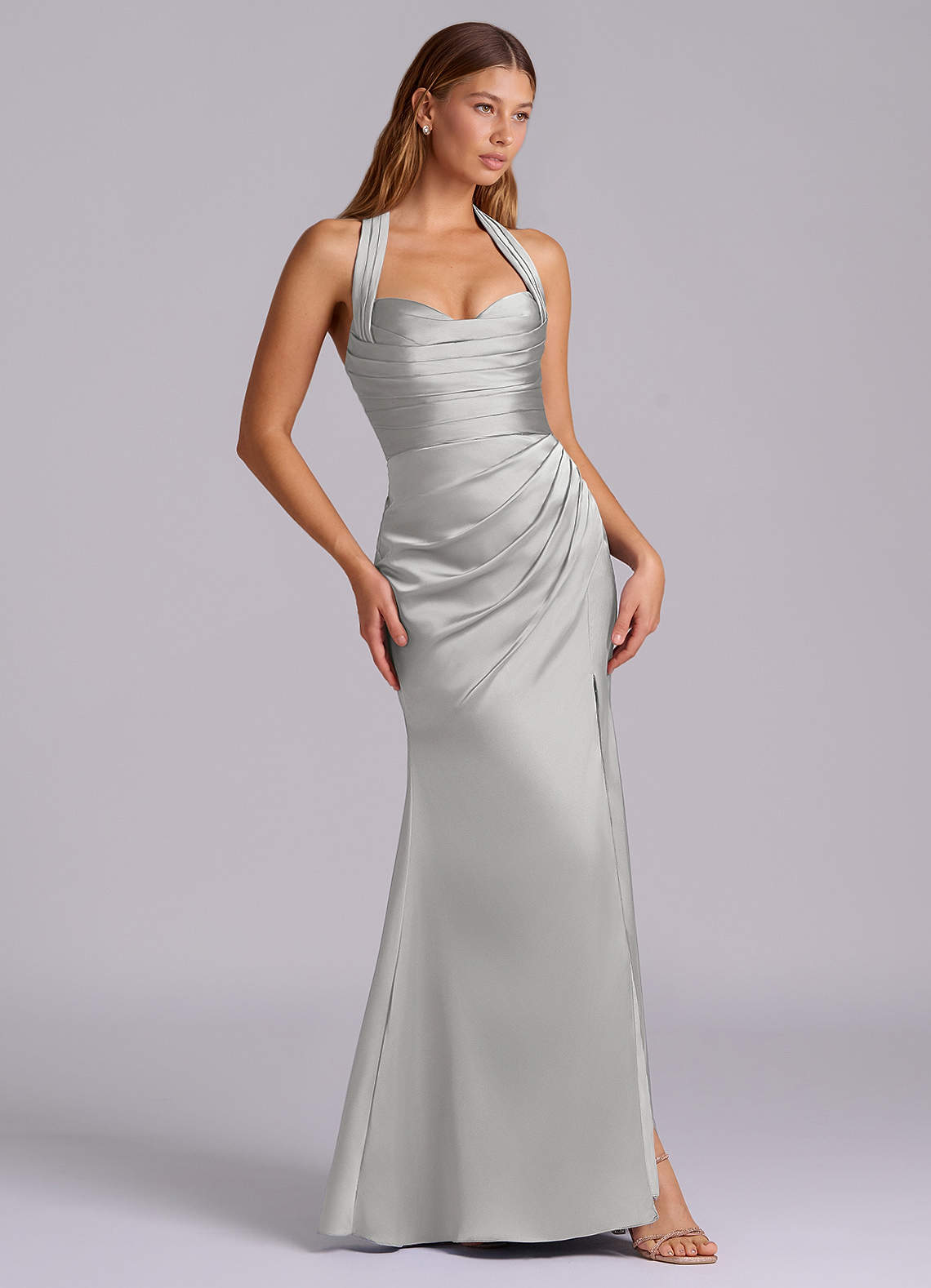 Azazie Destiny Bridesmaid Dresses Silver Mermaid Sweetheart Neckline Stretch Satin Dress image2