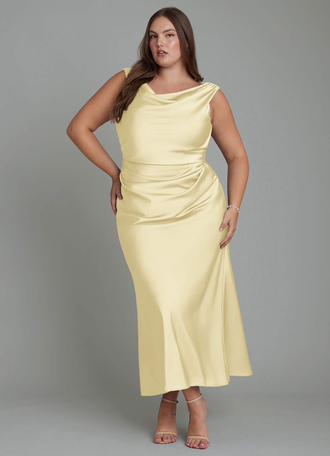Azazie Kieryn Vestidos de damas de honor Vestido Sorbete De Limón de Satén Elástico de Corte Sirena con Plisado image1