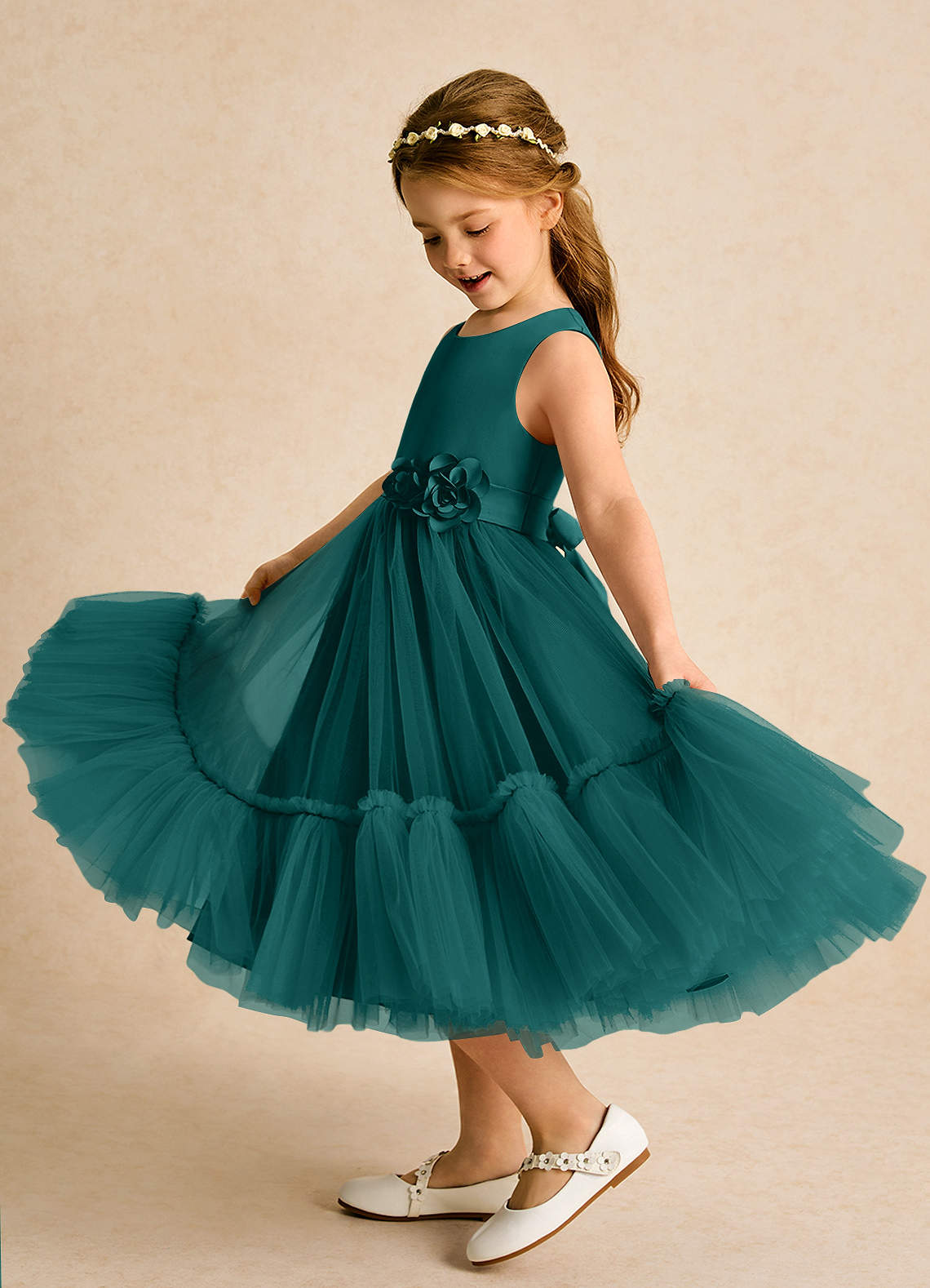 Azazie Miracle Flower Girl Dresses Peacock A-Line Bow Matte Satin Dress image1