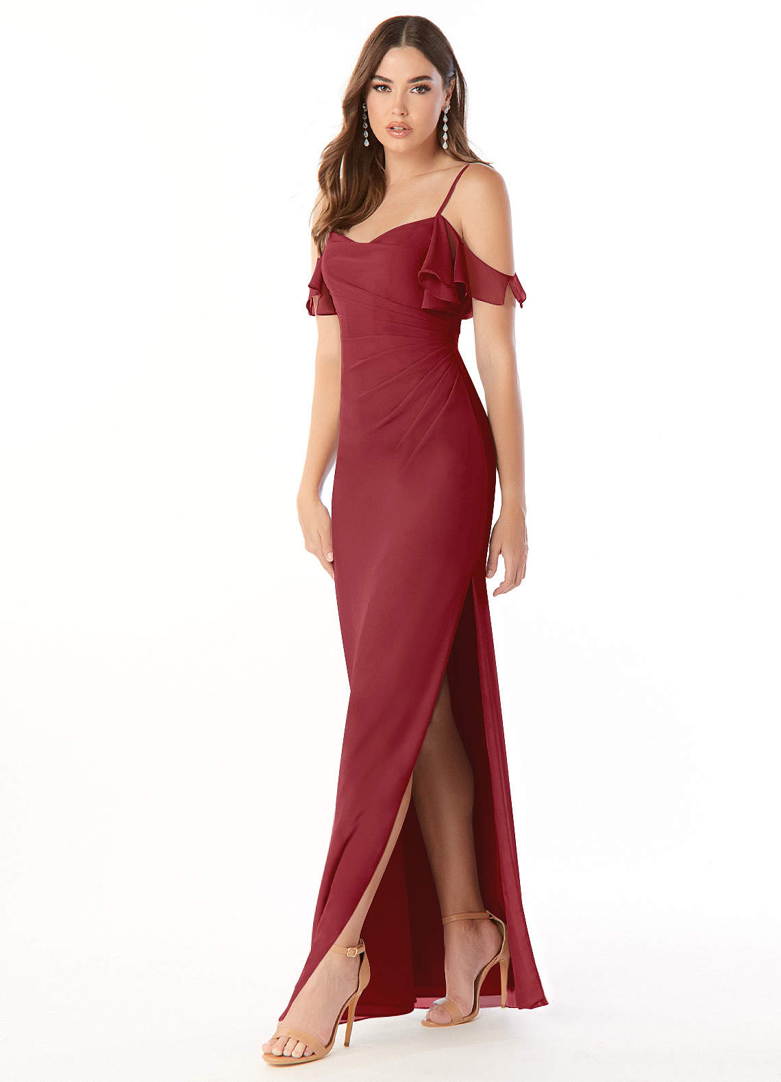 Azazie Emeralda Bridesmaid Dresses Pomegranate Sheath Off the Shoulder Chiffon Dress image1