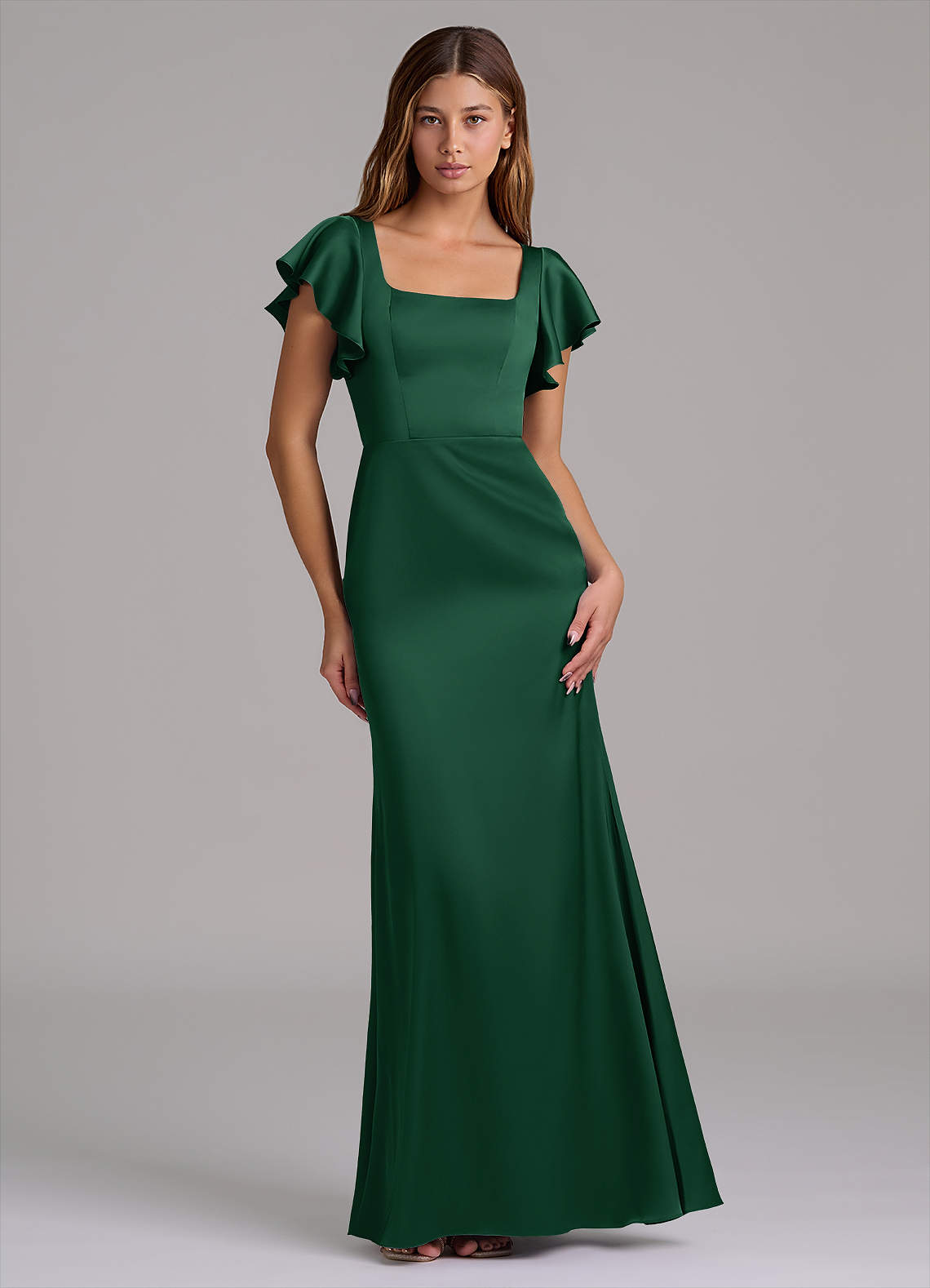 Azazie Elkie 신부 들러리 드레스 인어 스퀘어 네크라인 스트레치 새틴 바닥 길이 드레스 image1