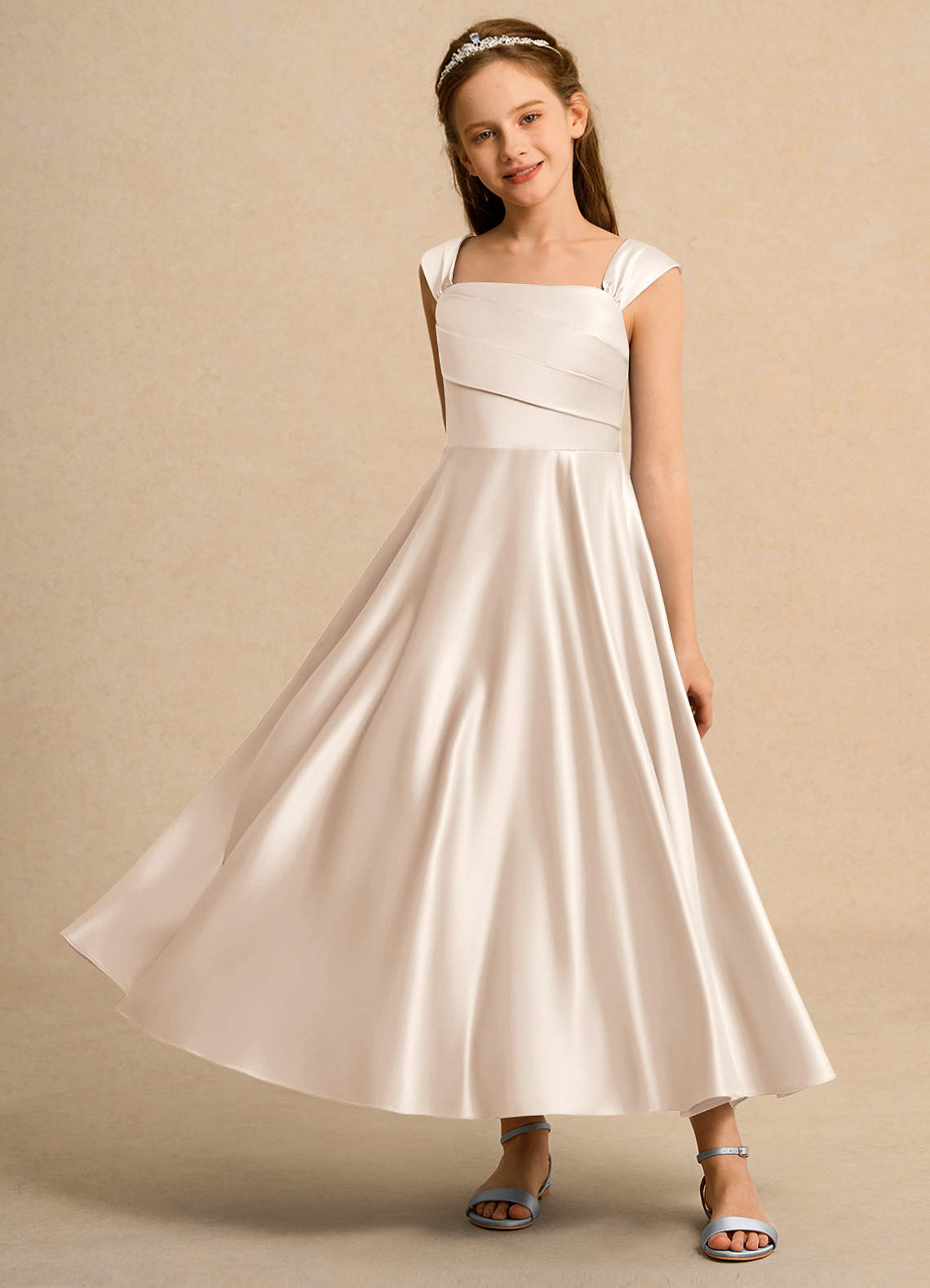 Azazie Bundle Junior Formal Flower Girl Dresses White Alabaster A-Line Pleated Matte Satin Dress image5