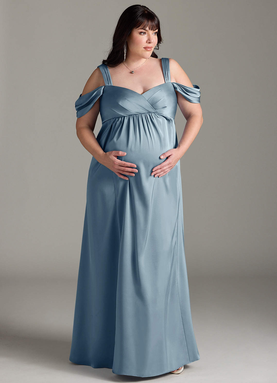 Azazie Rhea Maternity Bridesmaid Dresses A-Line Off-The-Shouler Pleated Stretch Satin Floor-Length Dress image7