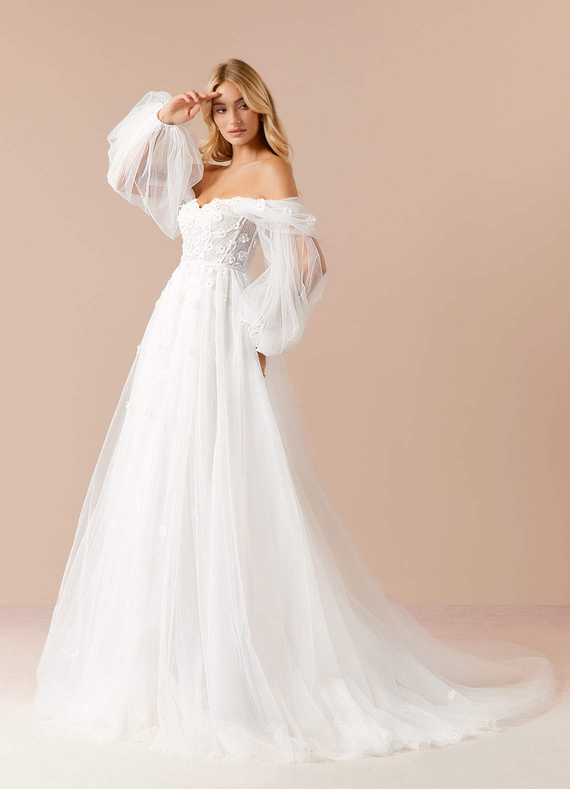 Azazie Airellie Wedding Dresses Diamond White A-Line Off the Shoulder Tulle Dress image3