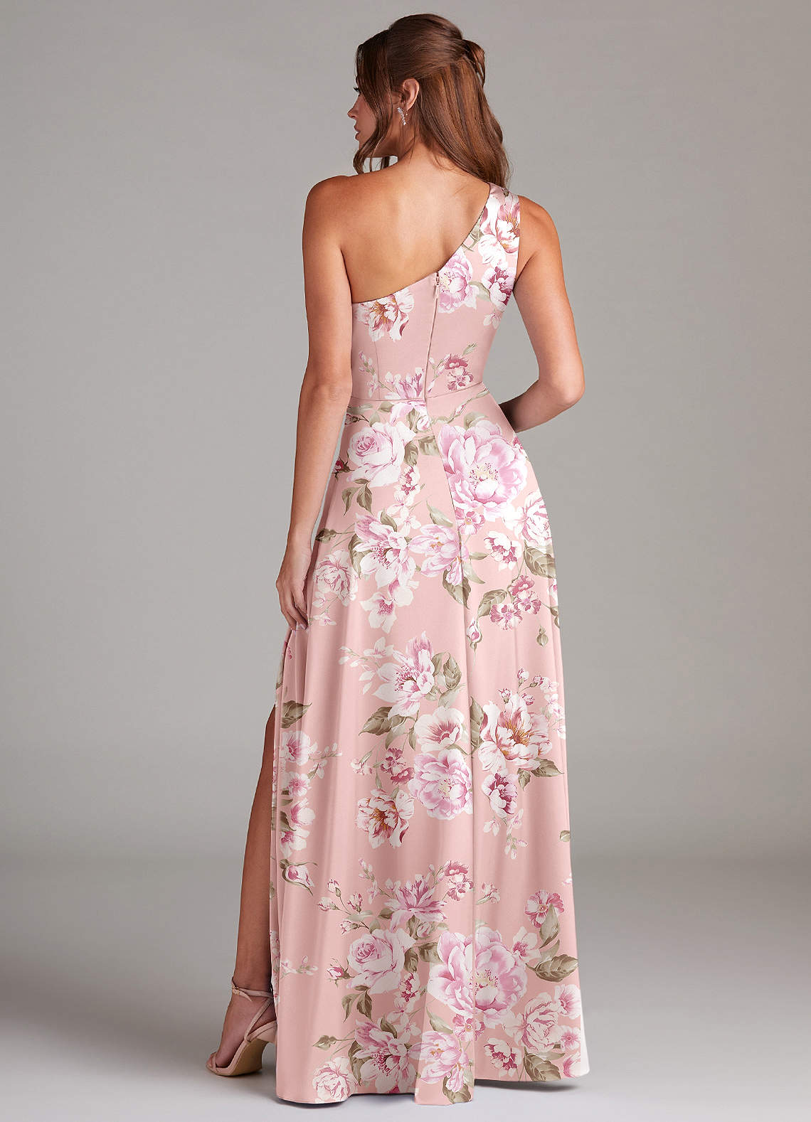 Azazie Brooke Jurken voor bruidsmeisjes Jurk van Stretch Satijn met A-Lijn One-Shoulder Roze Bloemenbloei image7