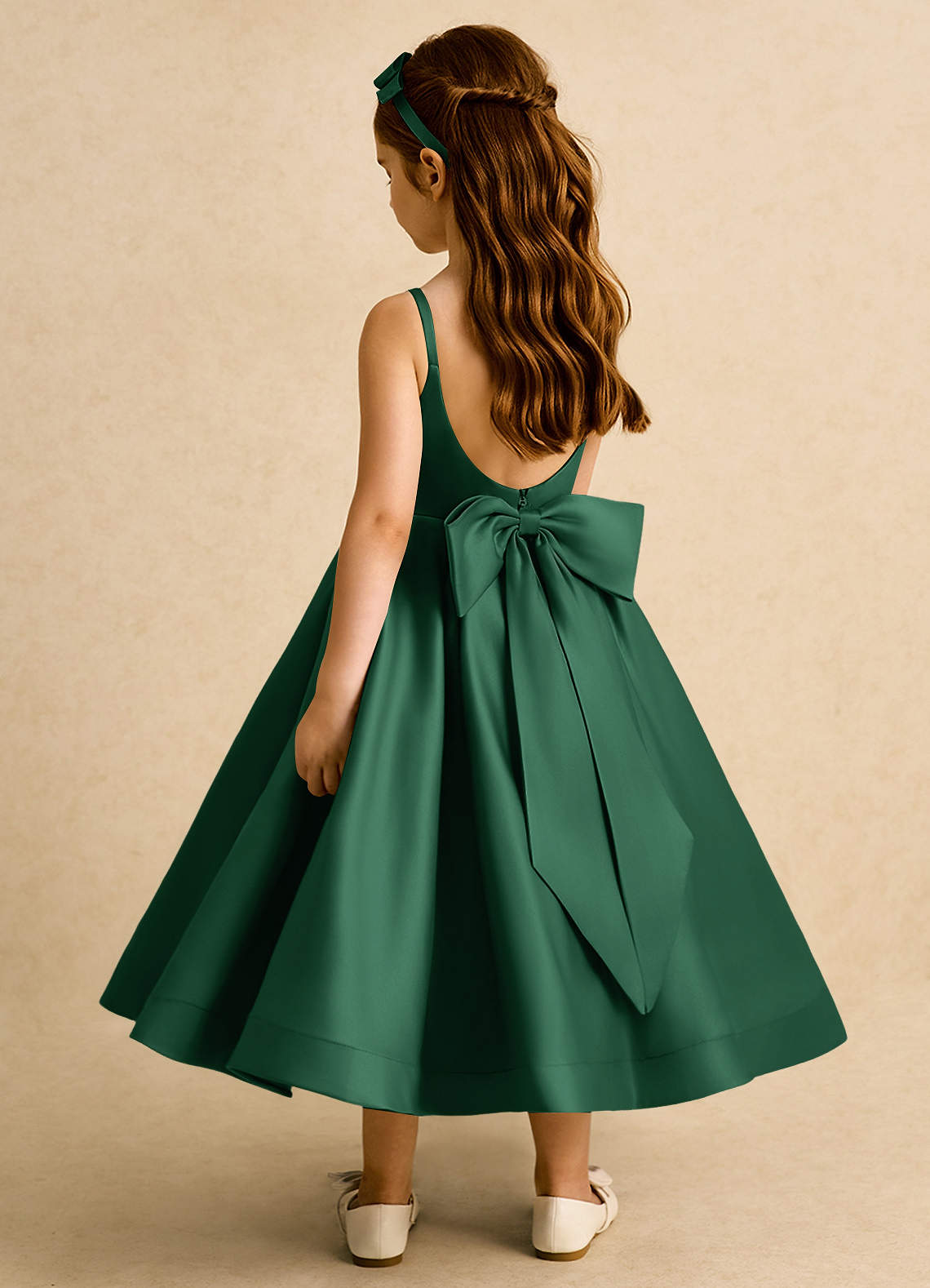 Azazie Ball-Gown Scoop Neck Tea-Length Matte Satin Flower Girl Dresses - Dark Green