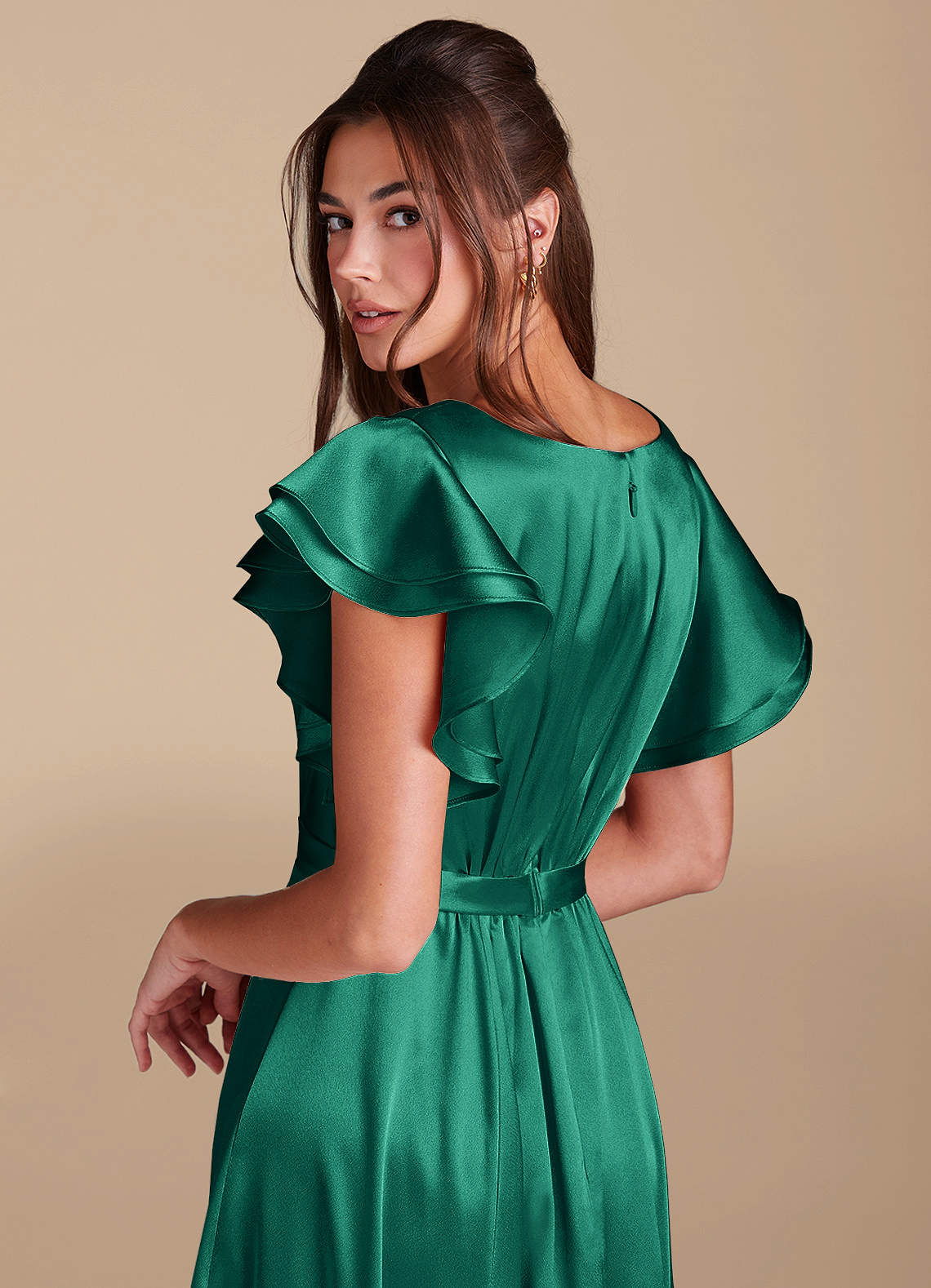 Azazie Daphne Modest Bridesmaid Dresses A-Line Ruched Metallic Satin Floor-Length Dress image5