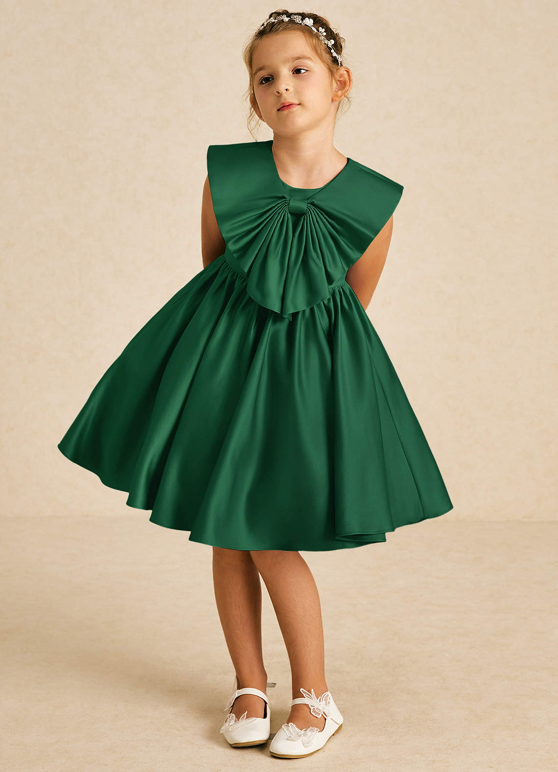Azazie Poppet Abiti da Ragazza di Fiori Abito A-Line in Raso Opaco Senza Maniche Verde Scuro image1
