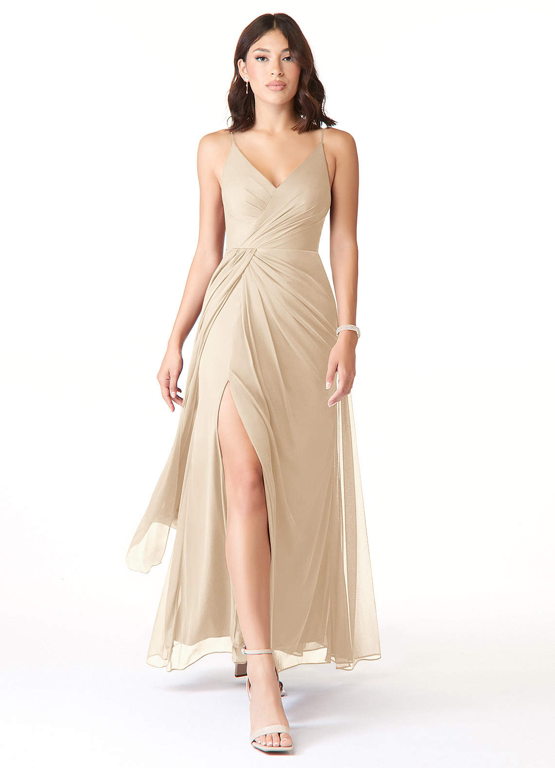 Azazie Evalin Bridesmaid Dresses Champagne A-Line V-Neck Pleated Mesh Dress image1