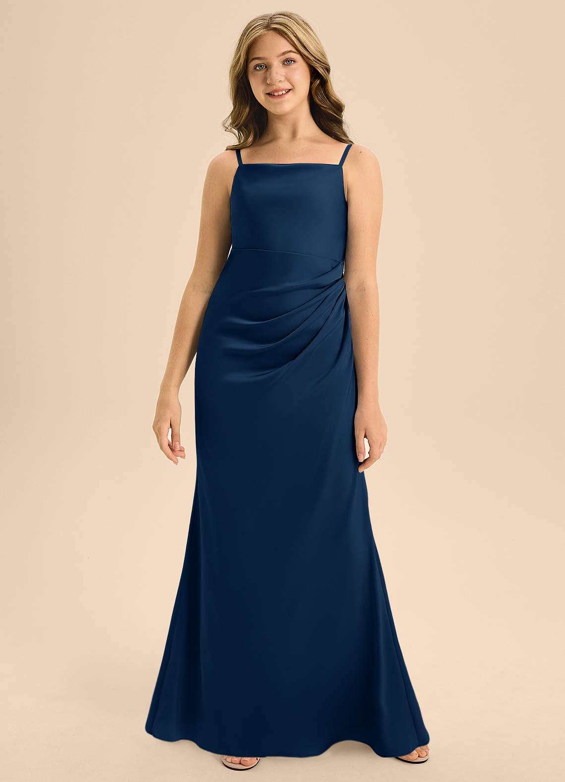 Azazie Renna Junior A-Linie Plissee Stretch-Satin Kleid Dunkelmarine image3