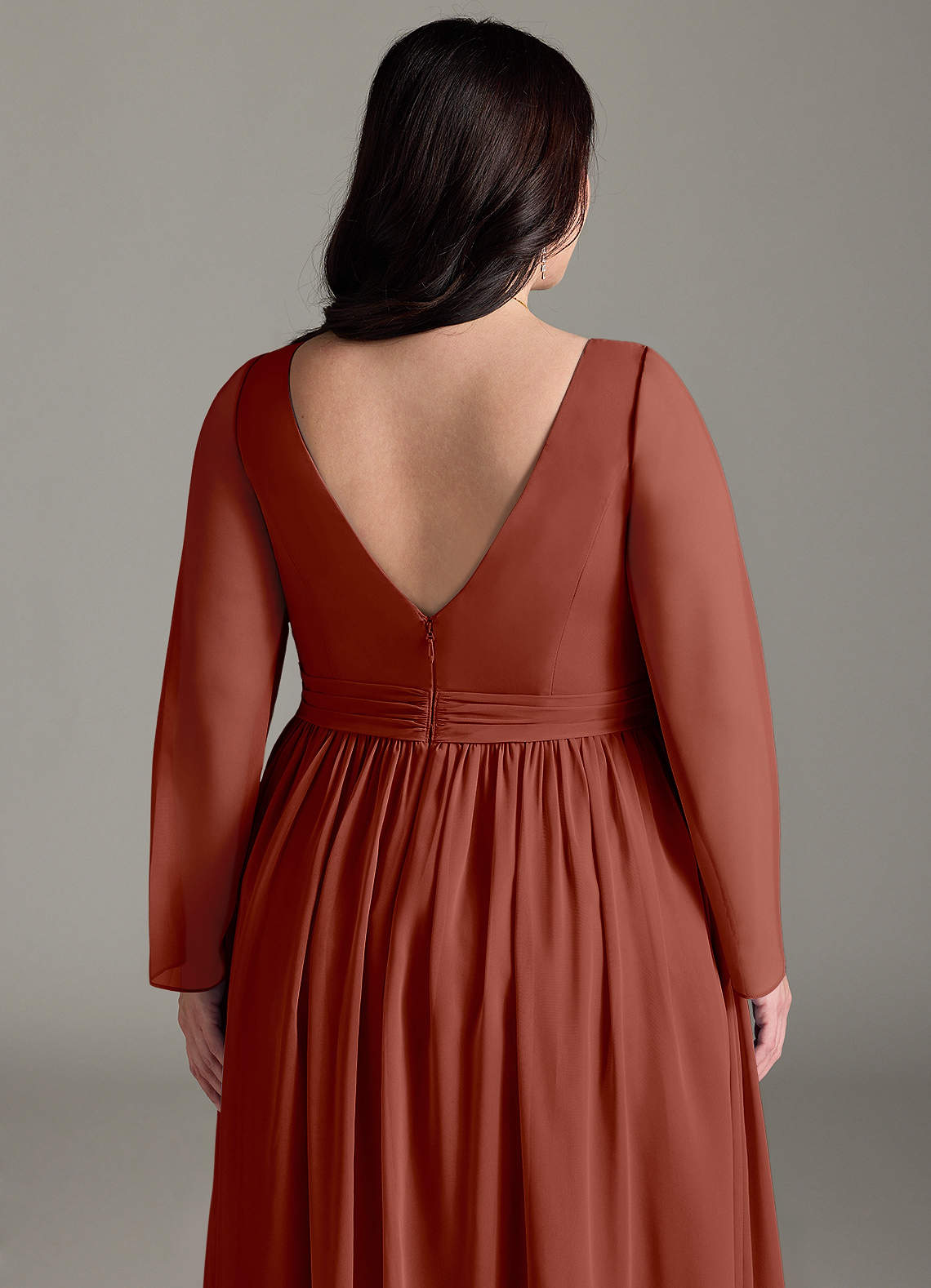 Azazie Teton At-home Try On Dresses A-Line Long Sleeve Chiffon Floor-Length Dress image12