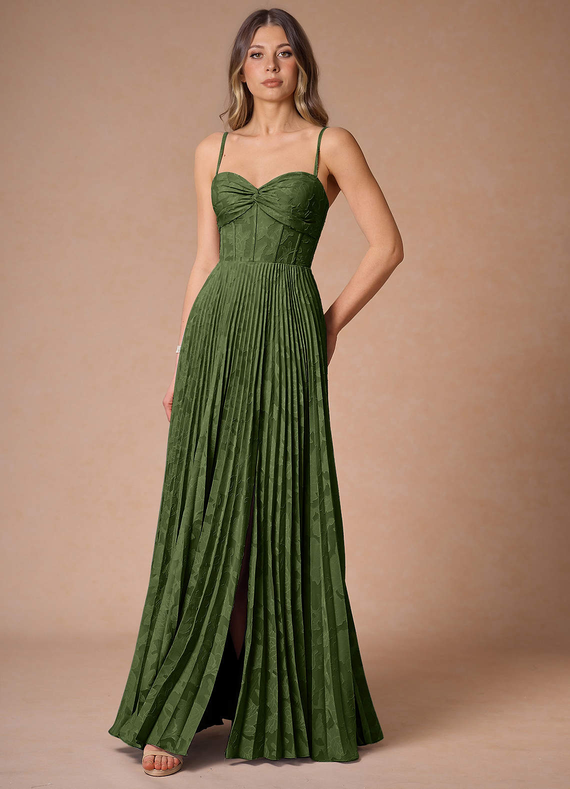 Akiko Olive Pleated Maxi Dress | Azazie