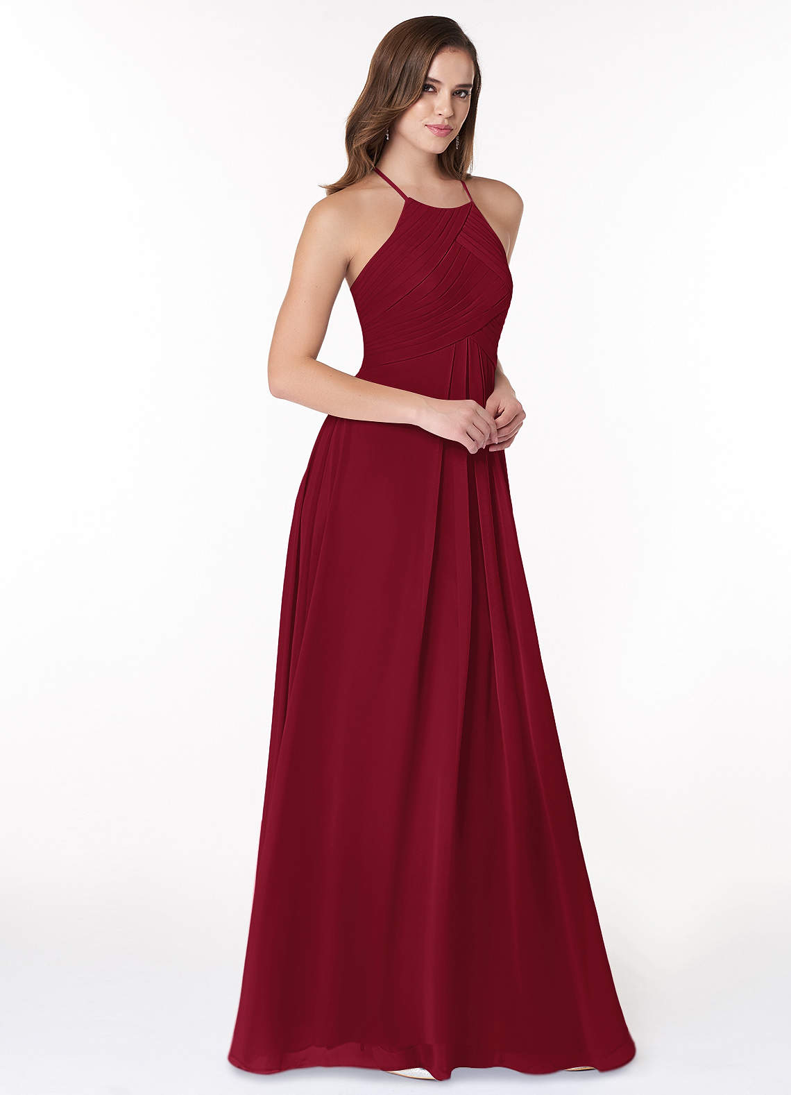 Azazie Ginger Bridesmaid Dresses Burgundy A-Line Halter Pleated Chiffon Dress image1