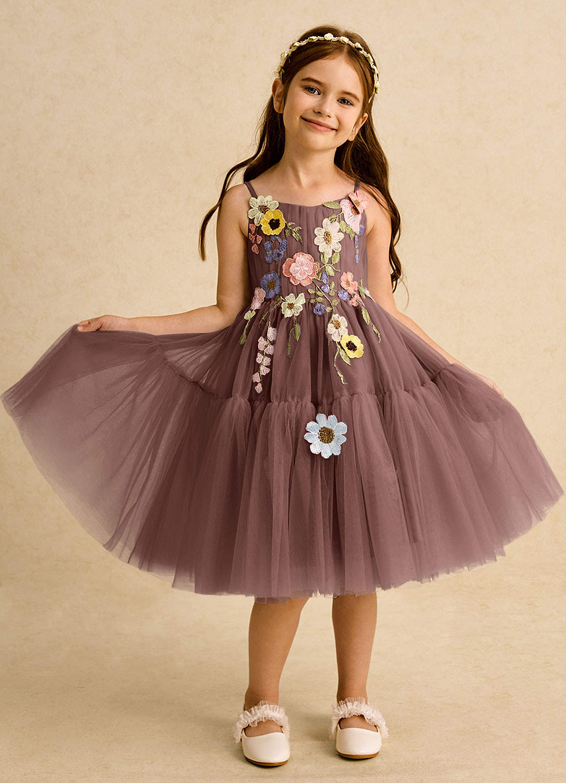 Azazie Osea Blumenmädchenkleider Ballkleid Plissee Tüll Kleid Espresso image7