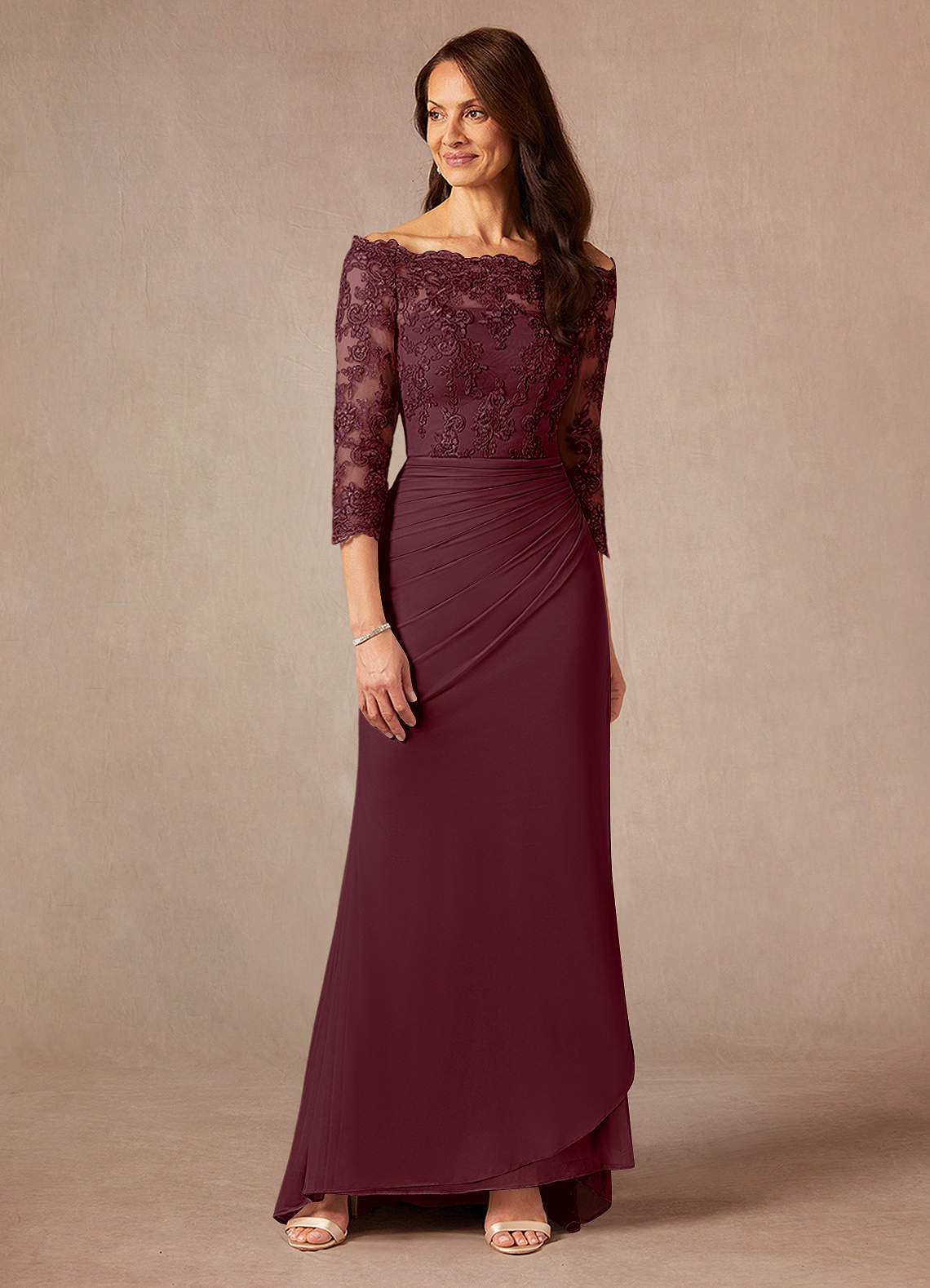 Azazie Rhonda Mother of the Bride Dresses Cabernet Mermaid Off the Shoulder Mesh Dress image1