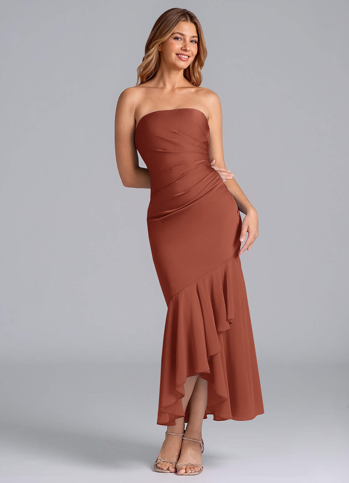 Azazie Danie Bridesmaid Dresses Auburn Sheath Strapless Chiffon Dress image1