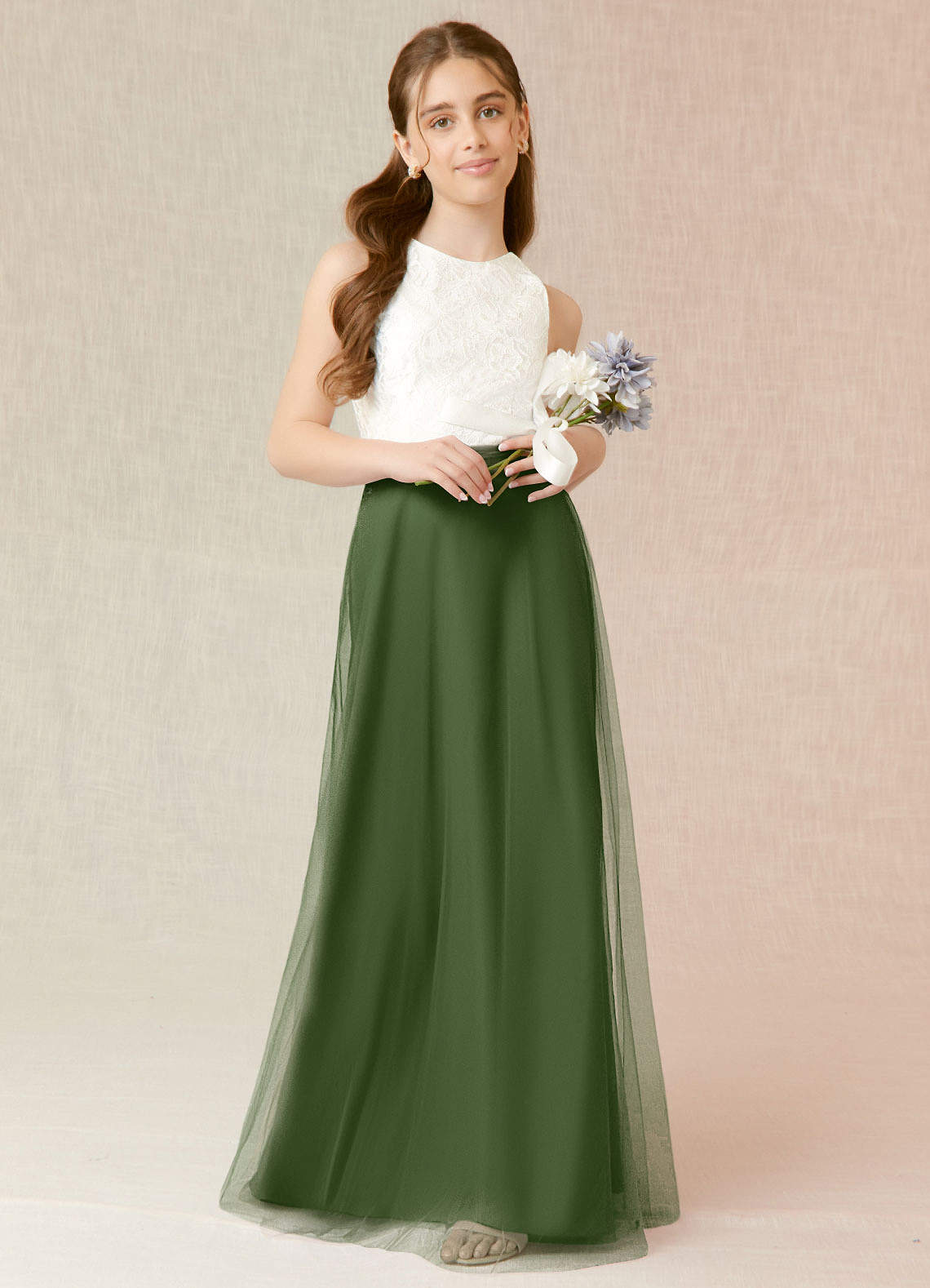 Azazie Albertine Junior A-Linie Spitze Chiffon Kleid Olivgrün image1