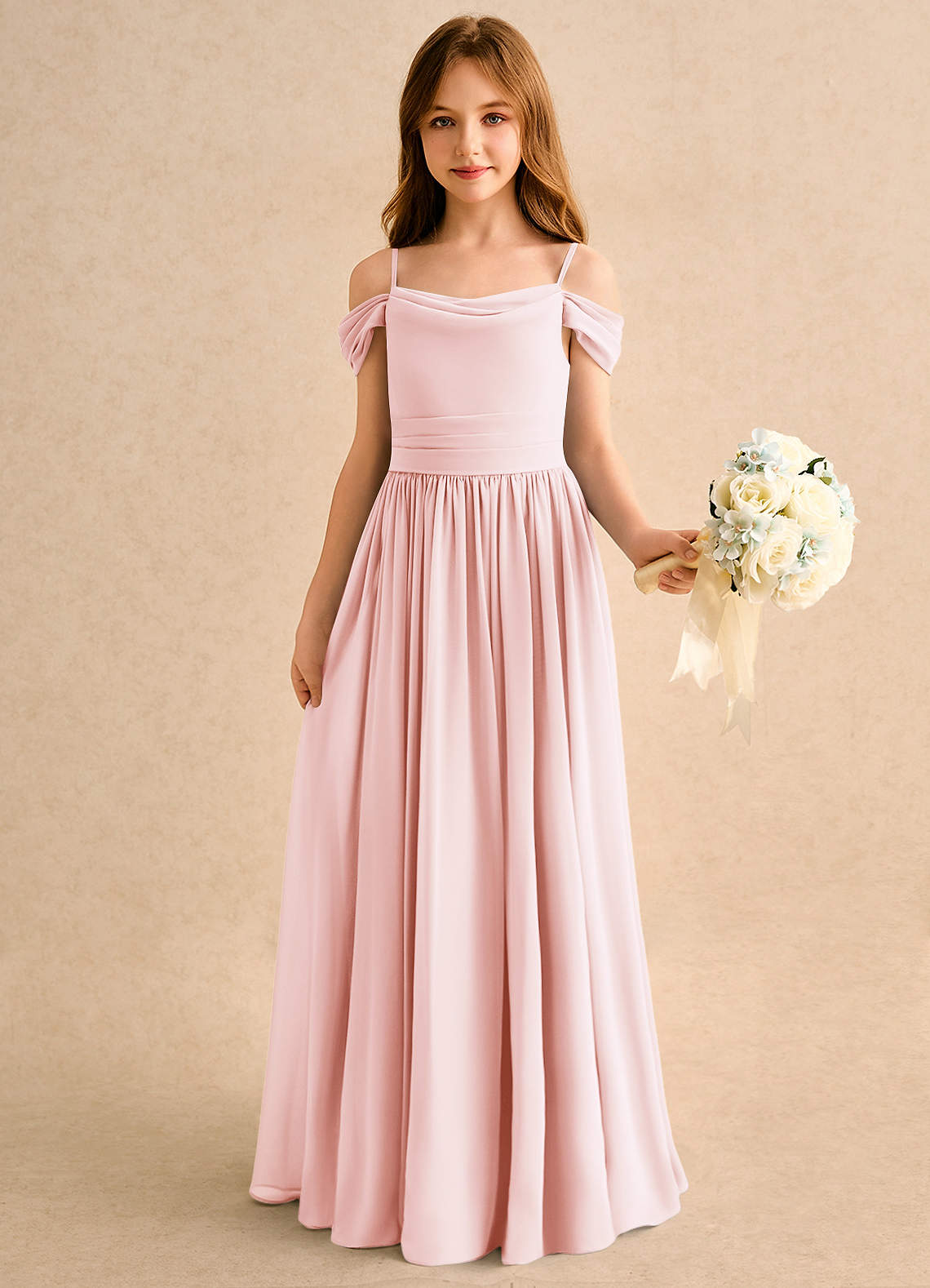 Azazie Shia Girls Formal Sukienki dla dziewczynek sypiących kwiaty Linia A Zza ramienia Szyfon Długość podłogi Sukienka image3