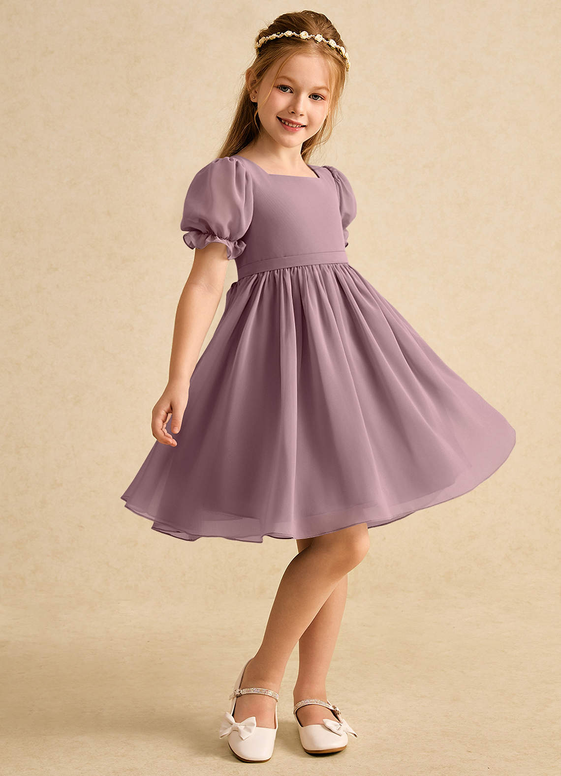 Azazie Jolie Flower Girl Klänningar Klänning A-Line i Chiffong med ärmar image1