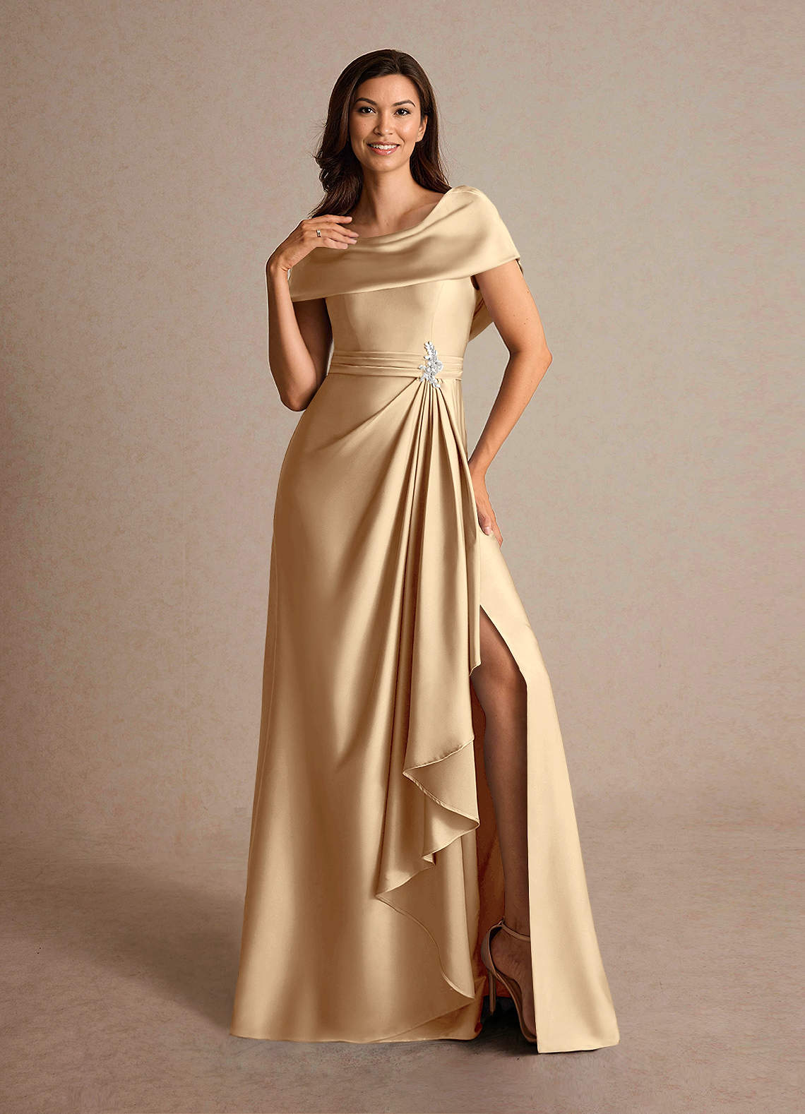 Azazie Branford Mother of the Bride Dresses Champagne A-Line Pleated Stretch Satin Dress image5