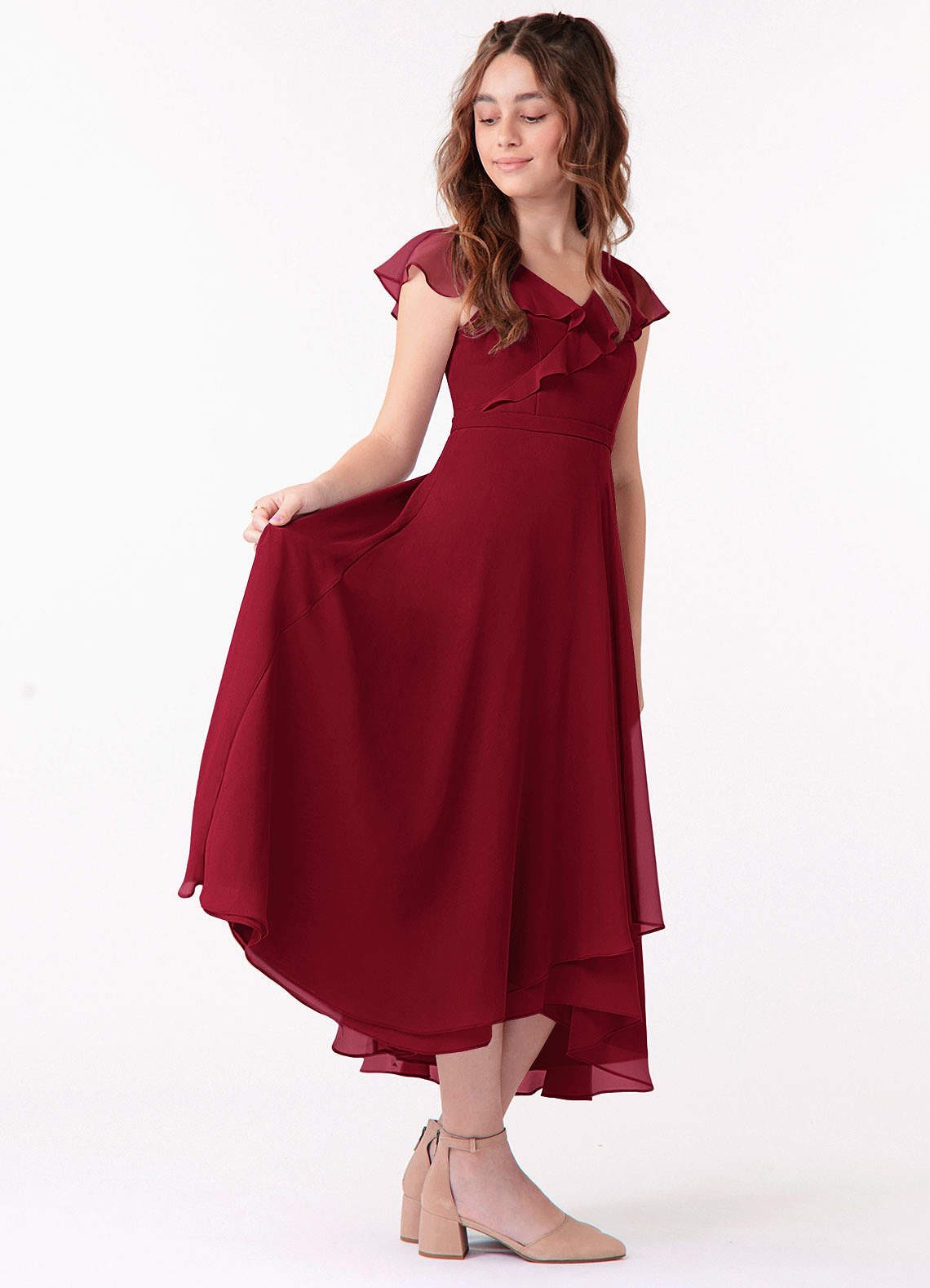 Azazie Posie Junior Burgundy A-Line Ruched Chiffon Dress image2