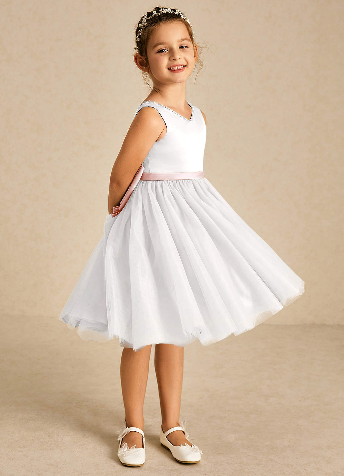 Azazie Seline Flower Girl Dresses Ivory Blushing Pink A-Line Bow Tulle Dress image4