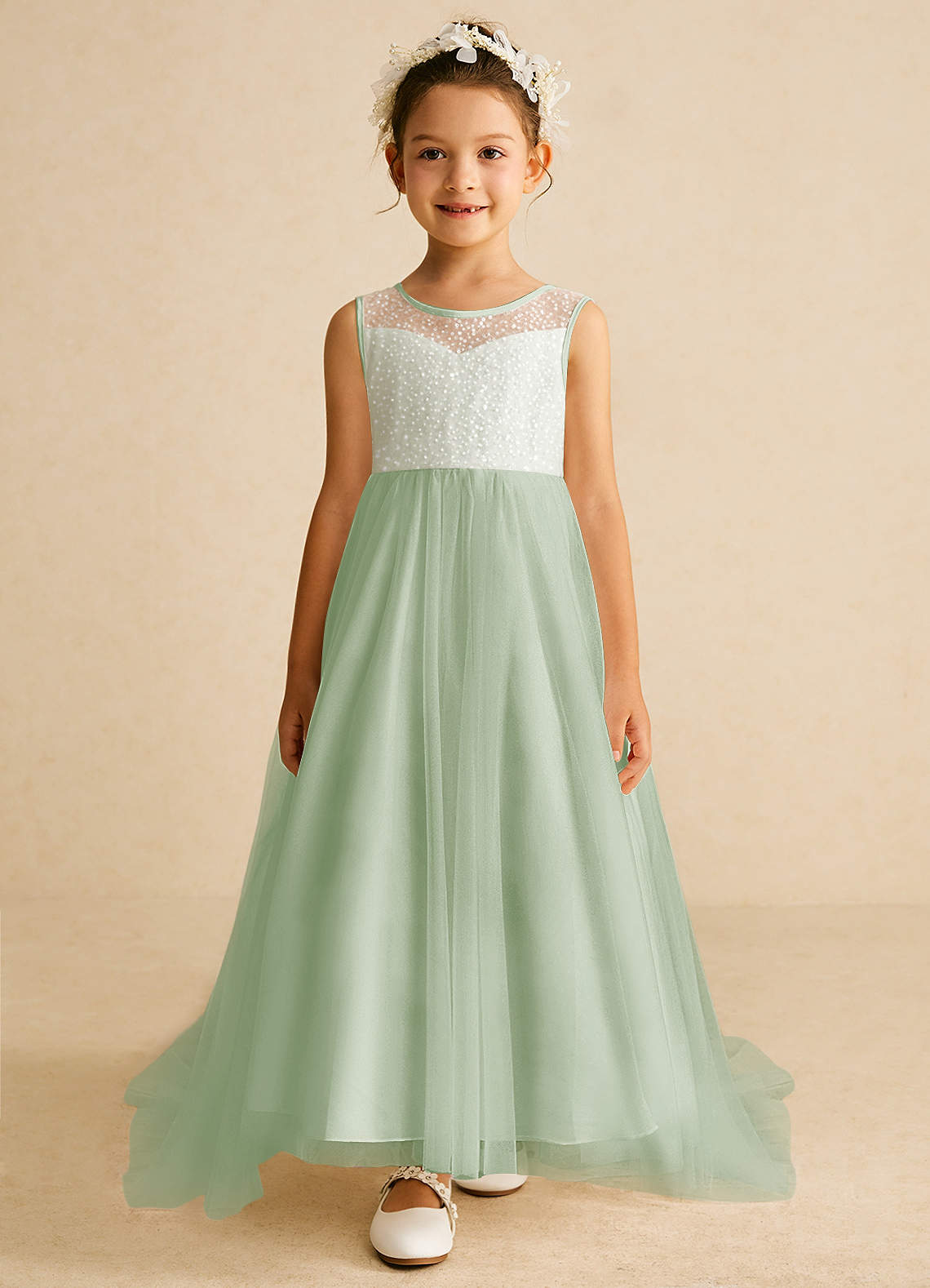 Azazie Tay Robe Demoiselle D'honneur Fillette Robe Trapèze en Tulle Paillettes Vert Sauge image1