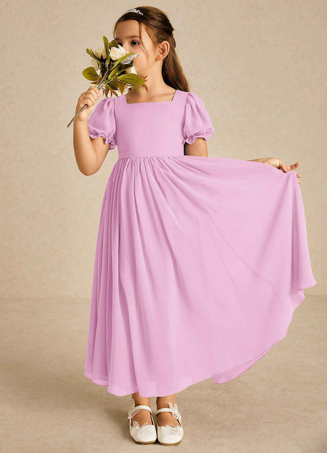 Azazie Joss Robe Demoiselle D'honneur Fillette Robe Trapèze en Mousseline de soie avec manches Rose Bonbon image1
