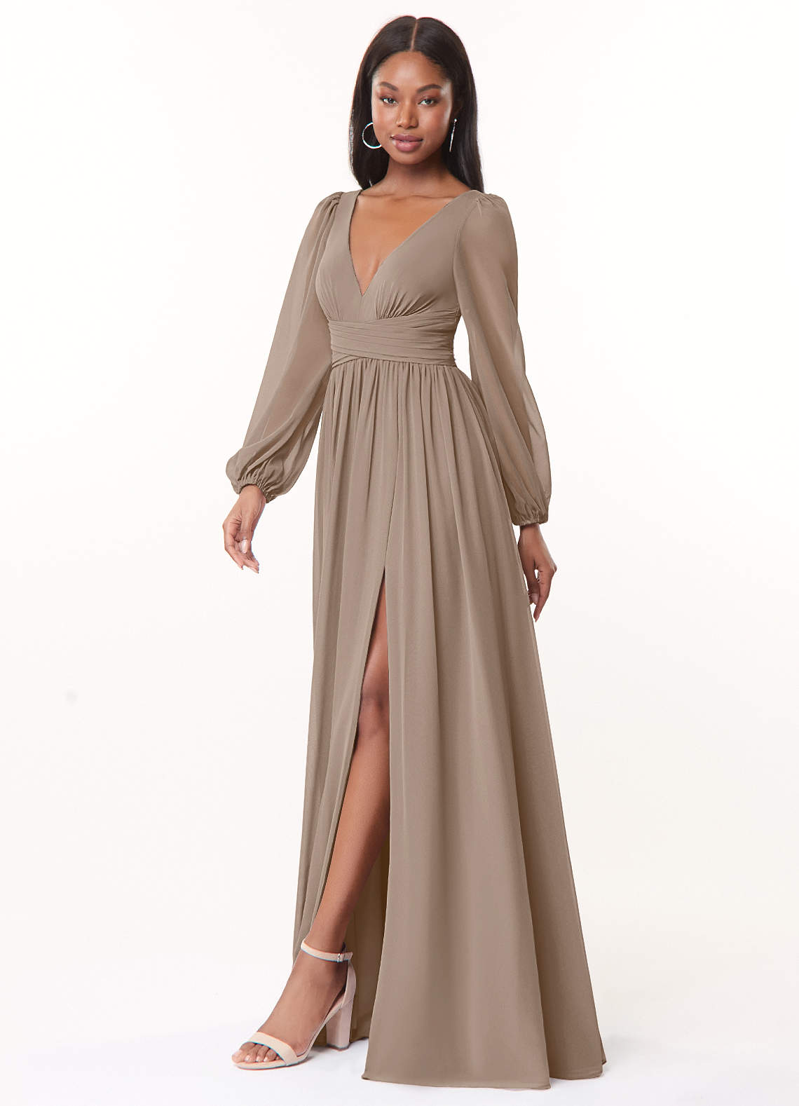taupe bridesmaid dresses with sleeves Azazie Norah shimmering sequin sleeves
