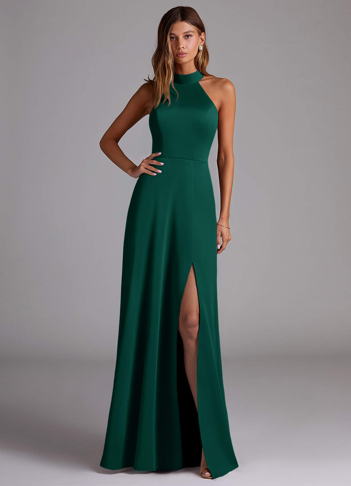Azazie Myra Bridesmaid Dresses Emerald A-Line Side Slit Stretch Satin Dress image1